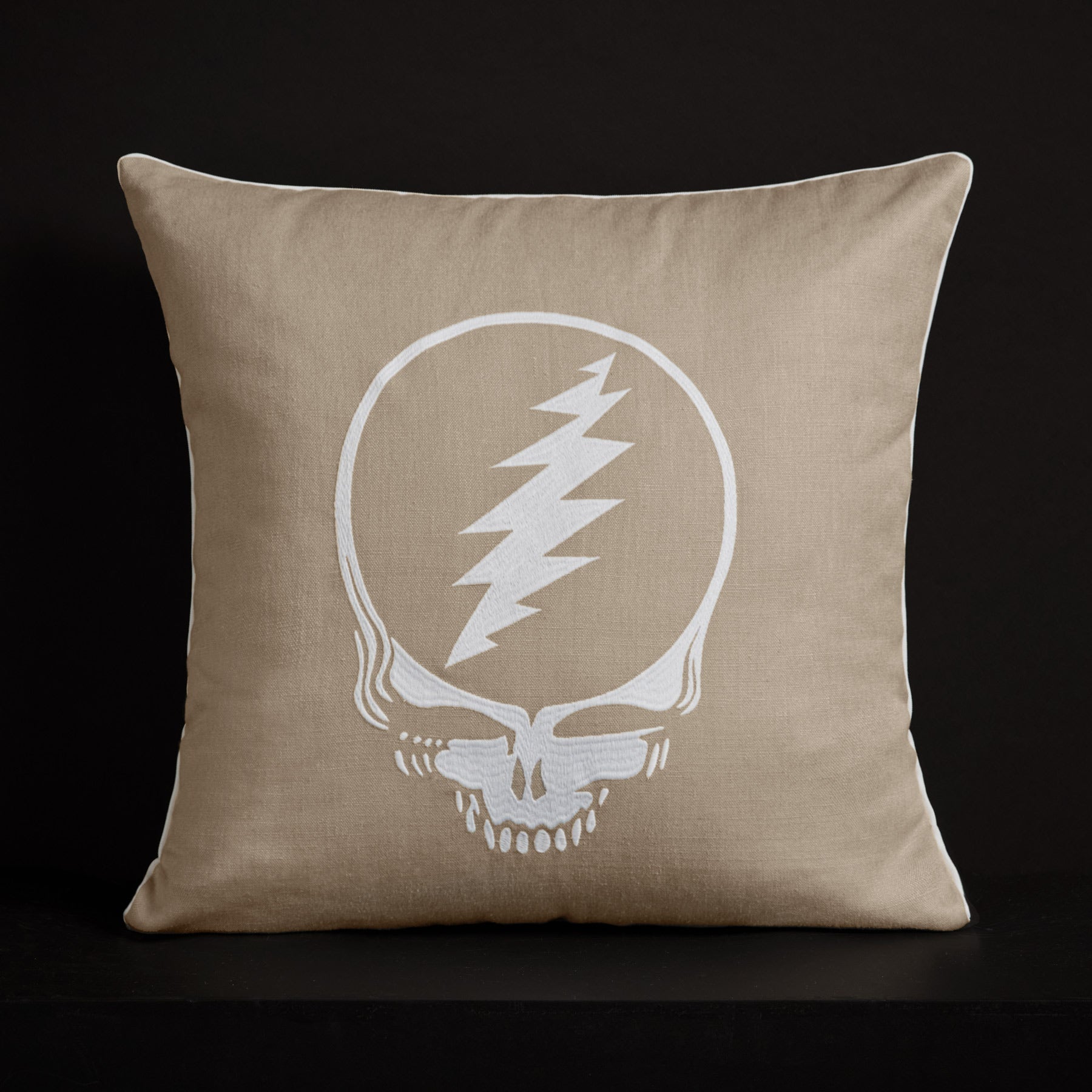 Grateful Dead Throw Pillow with Piping - Flax/White