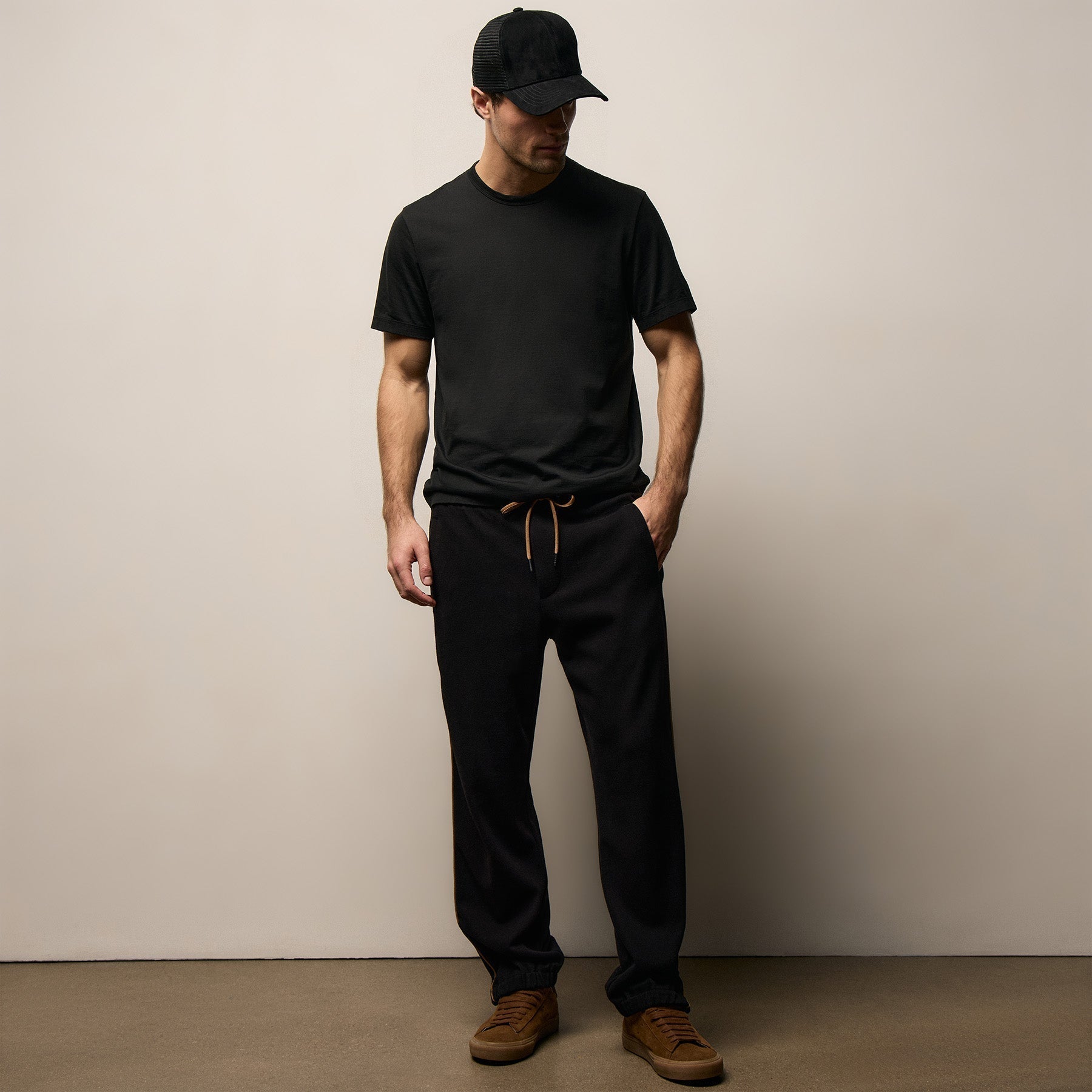 Brushed Cotton Suede Piped Track Pant - Black/Whiskey