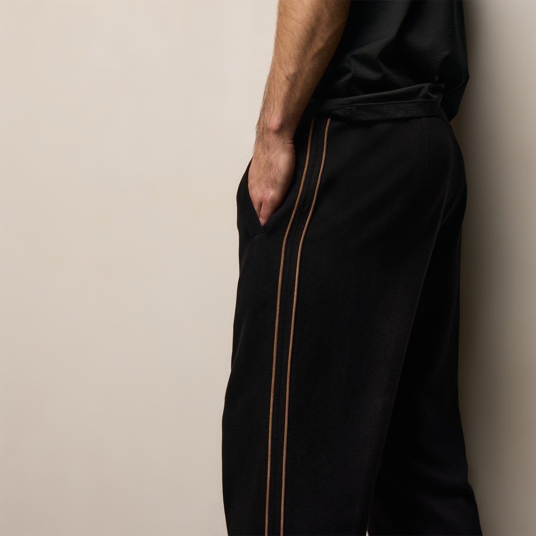 Brushed Cotton Suede Piped Track Pant - Black/Whiskey