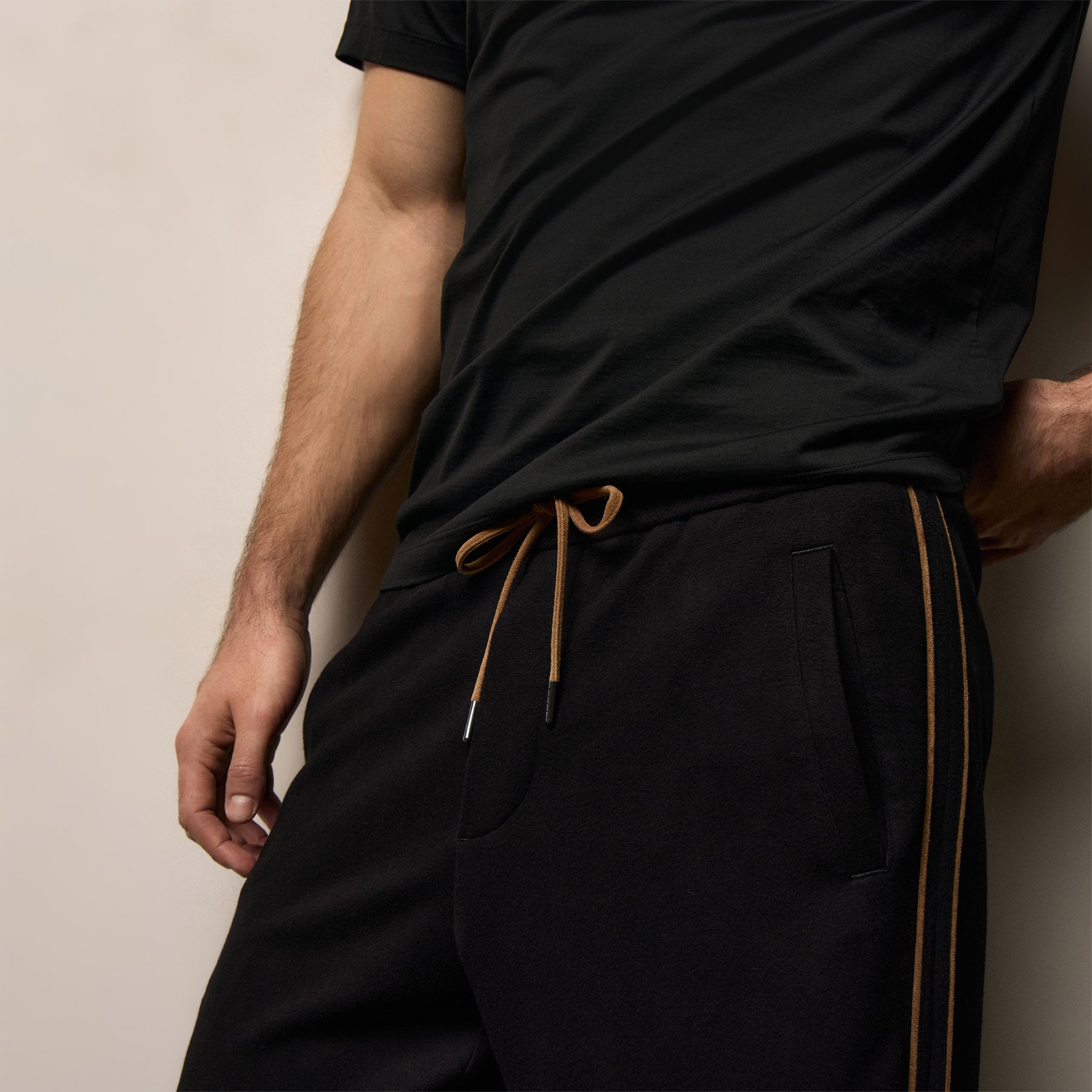 Brushed Cotton Suede Piped Track Pant - Black/Whiskey