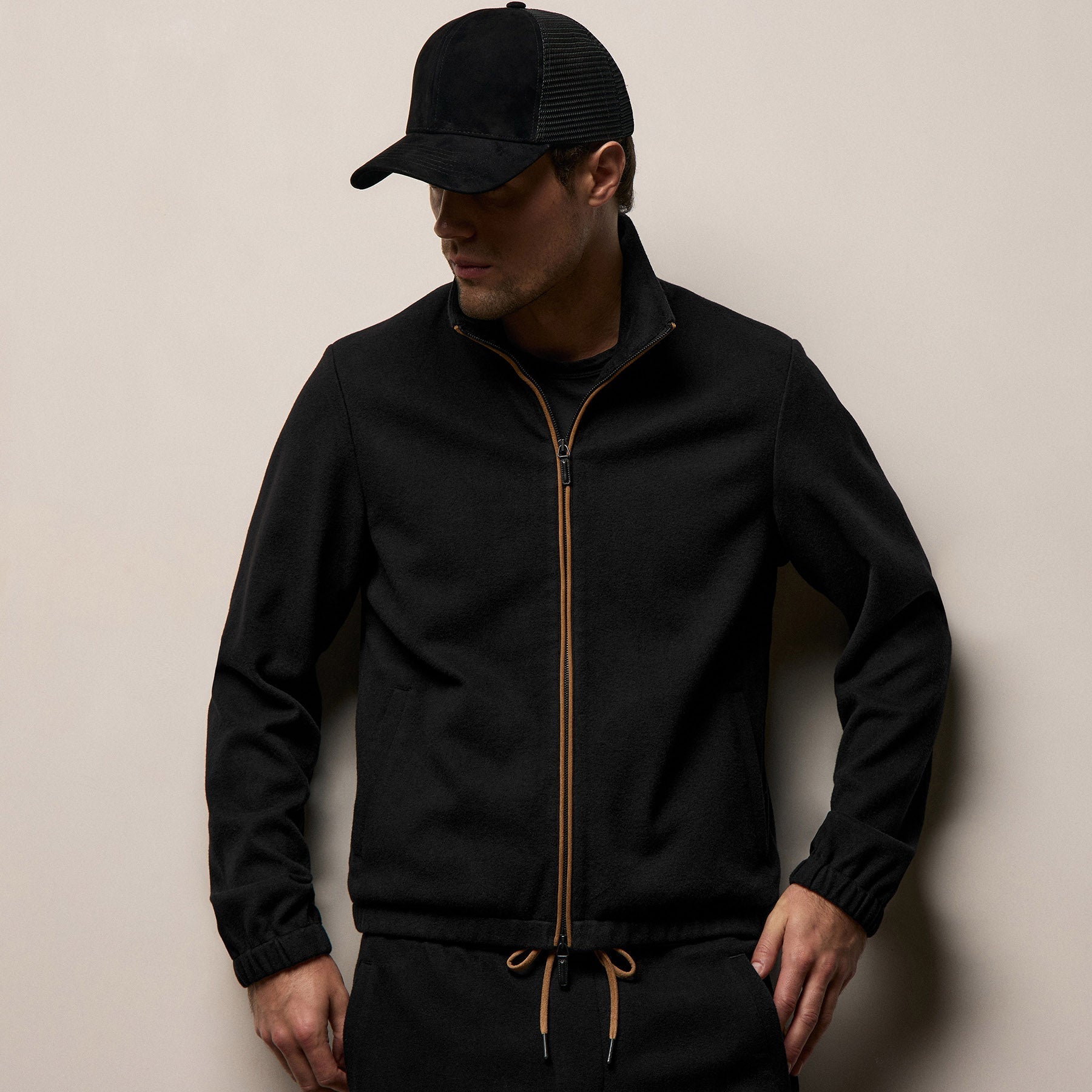 Brushed Cotton Suede Piped Track Jacket - Black/Whiskey