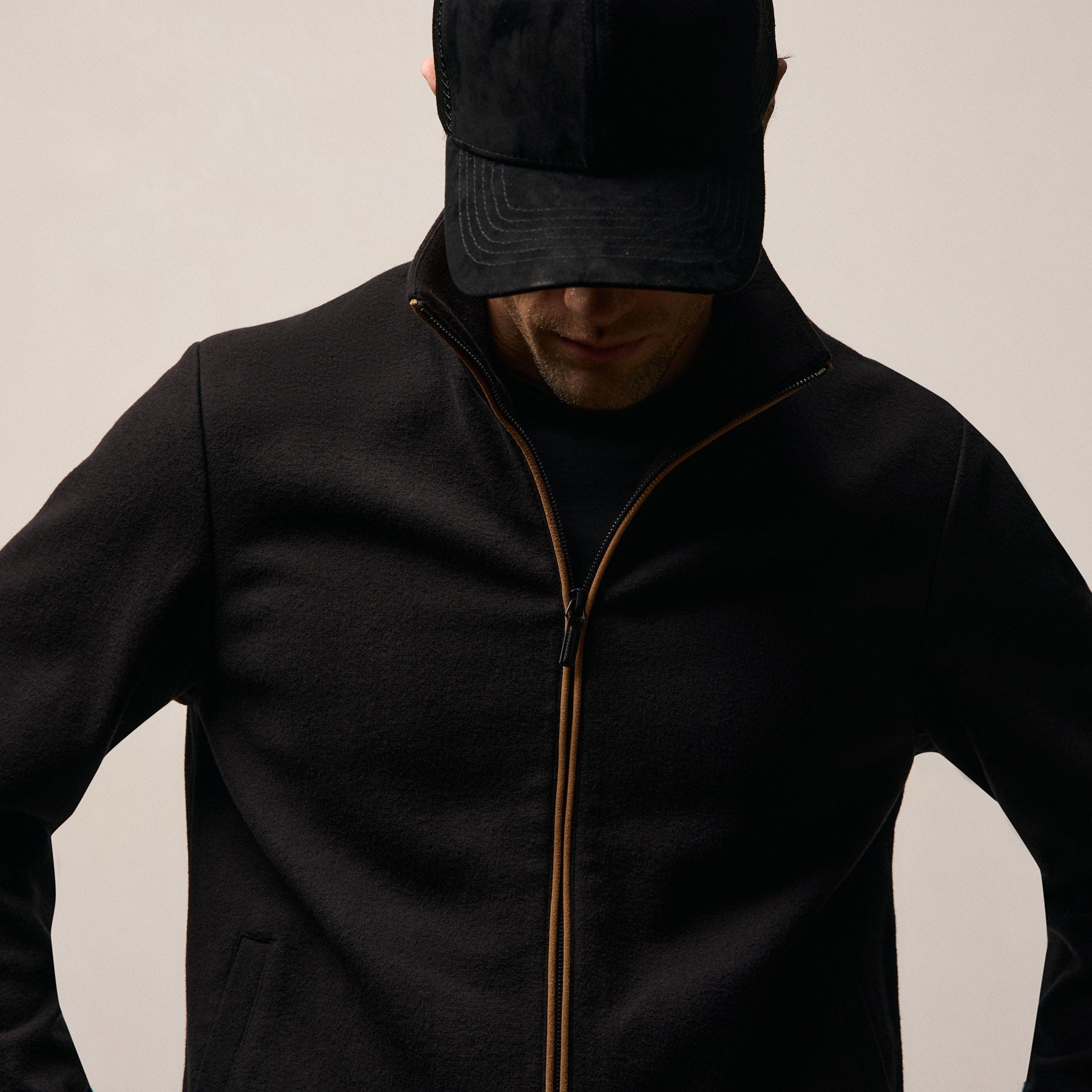 Brushed Cotton Suede Piped Track Jacket - Black/Whiskey