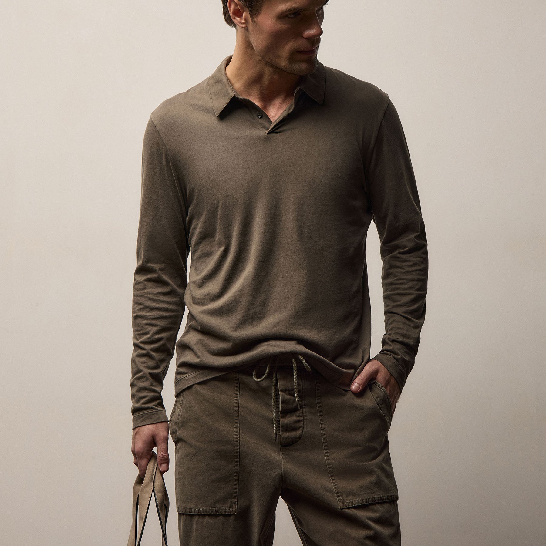Brushed Lotus Long Sleeve Polo - Army Green