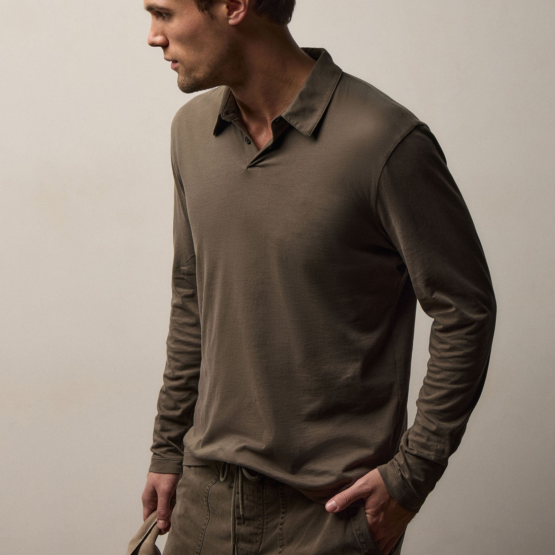 Brushed Lotus Long Sleeve Polo - Army Green