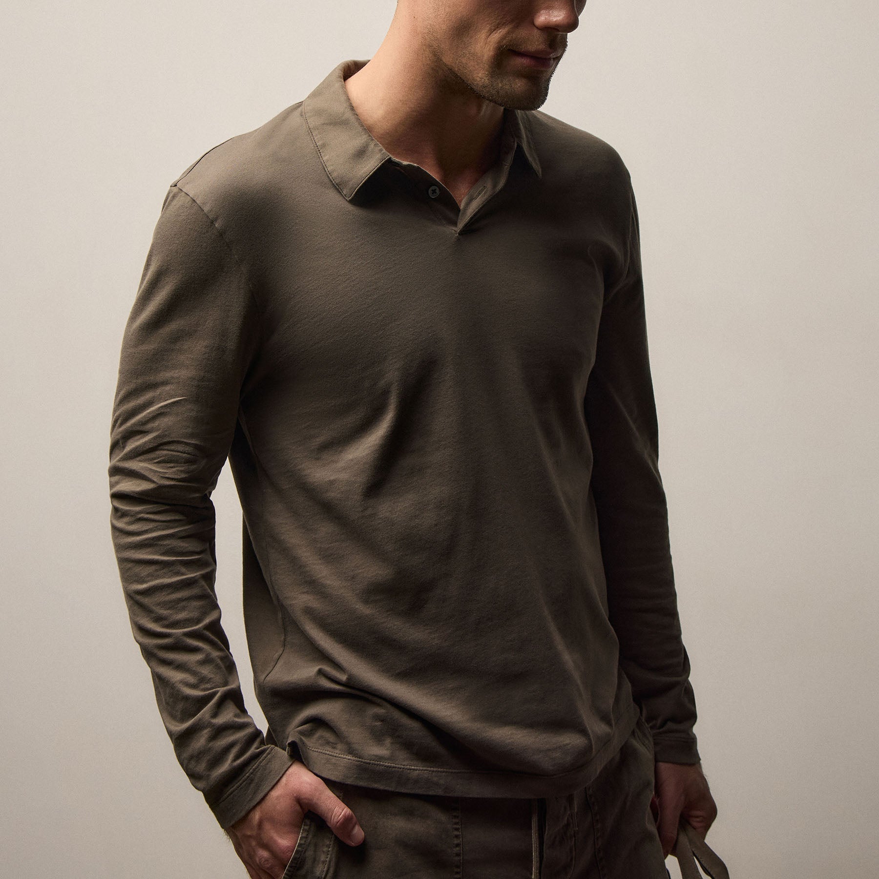 Brushed Lotus Long Sleeve Polo - Army Green