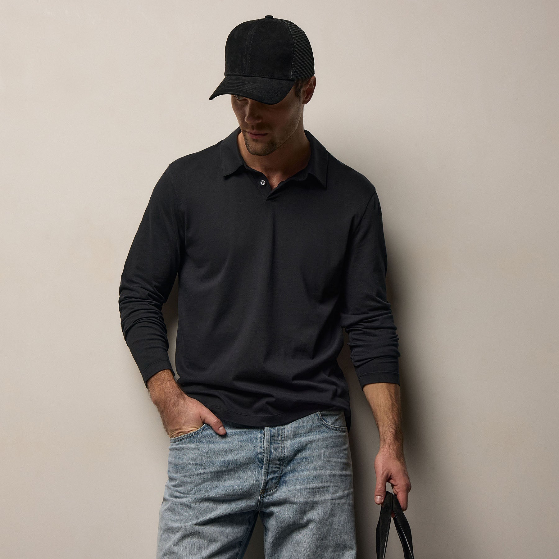 Brushed Lotus Long Sleeve Polo - Black