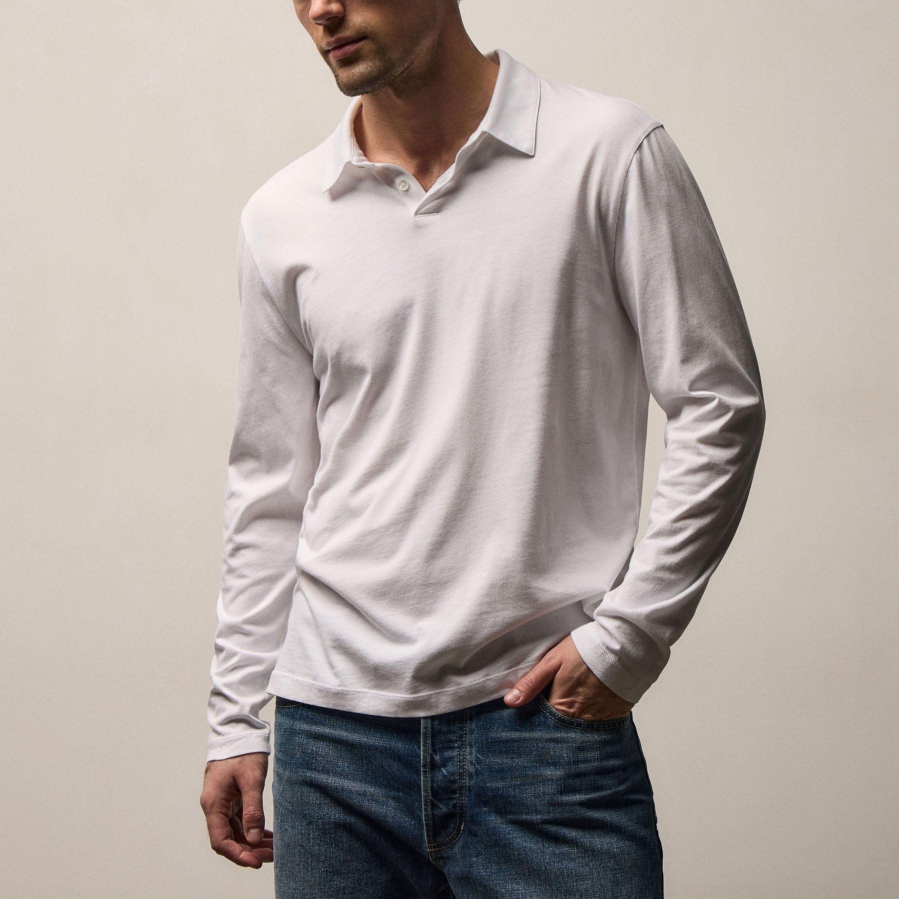 Brushed Lotus Long Sleeve Polo - White