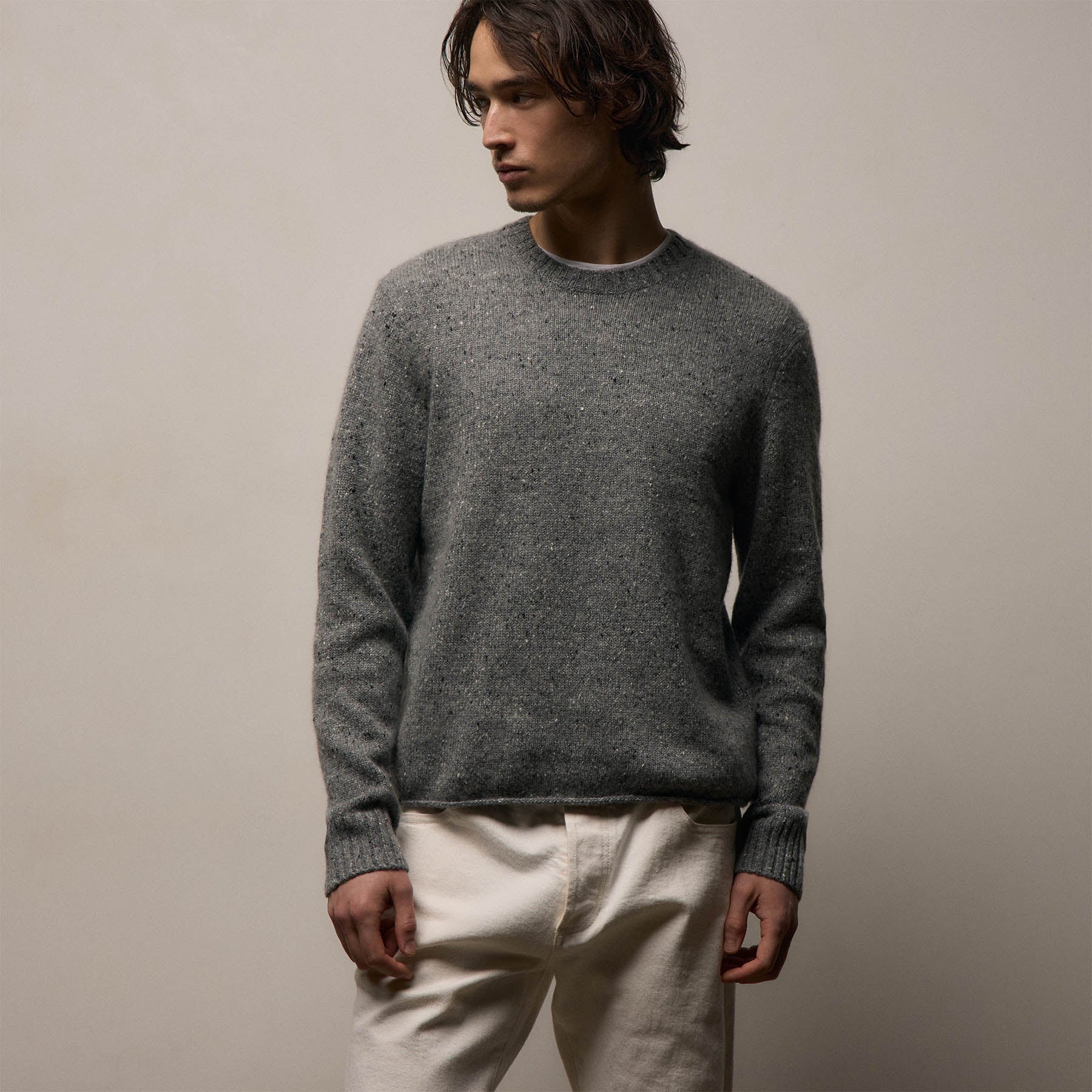 Marled Cashmere Linen Crew - Heather Grey