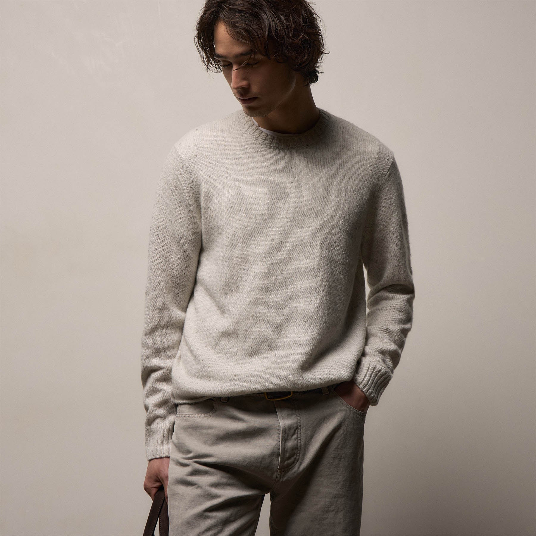 Marled Cashmere Linen Crew - Pearl