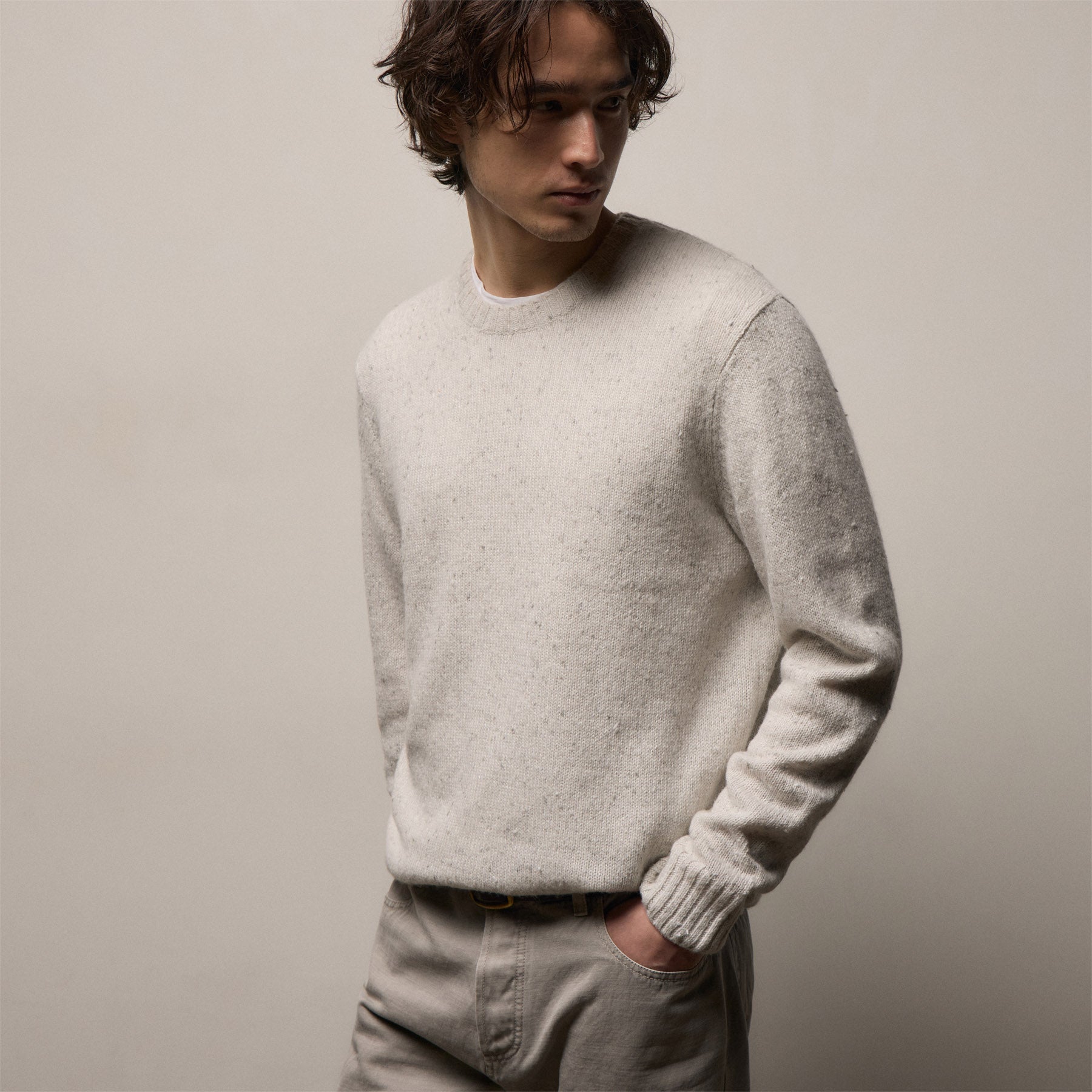 Marled Cashmere Linen Crew - Pearl
