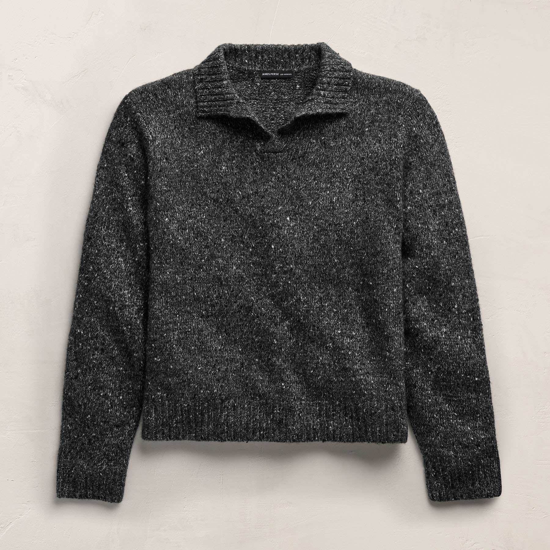 Marled Cashmere Linen Long Sleeve Open Polo - Charcoal