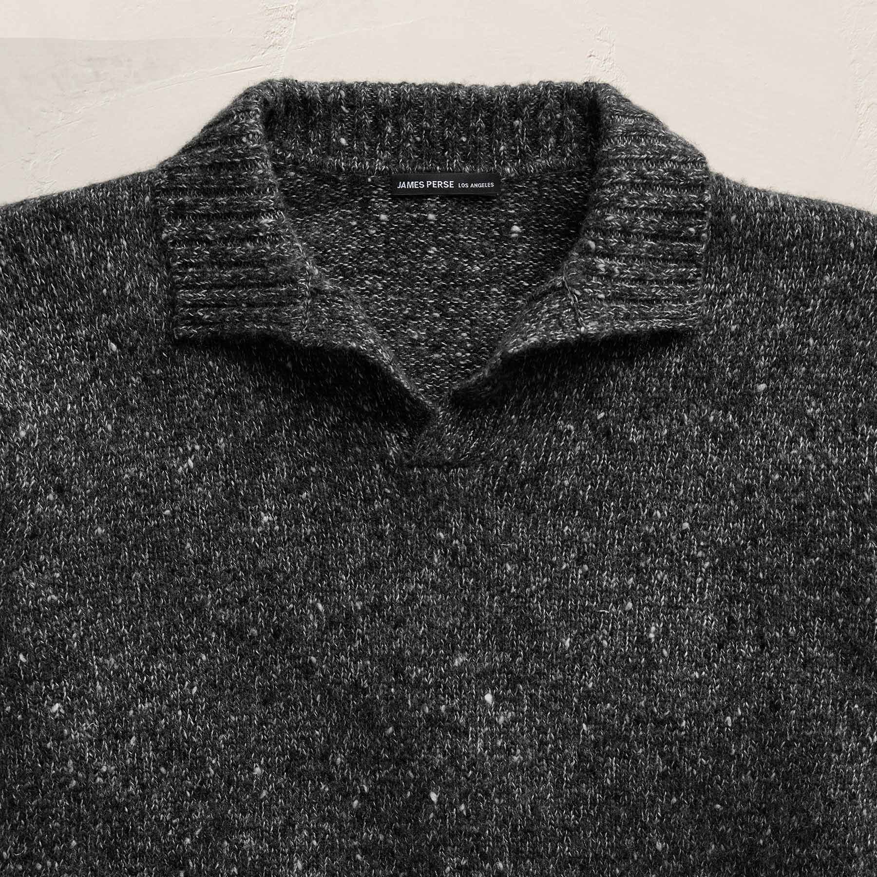 Marled Cashmere Linen Long Sleeve Open Polo - Charcoal