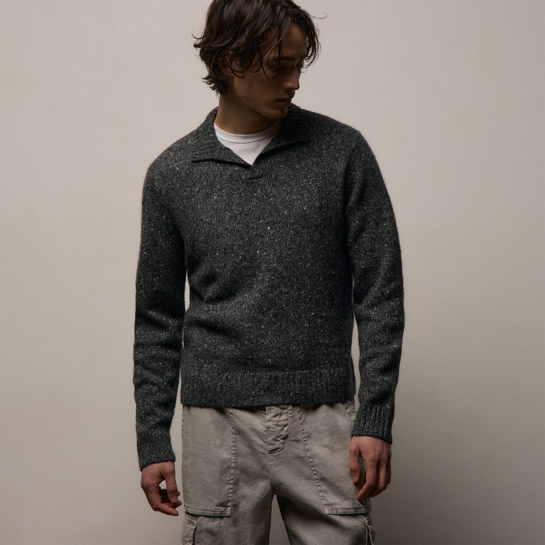 Marled Cashmere Linen Long Sleeve Open Polo - Charcoal
