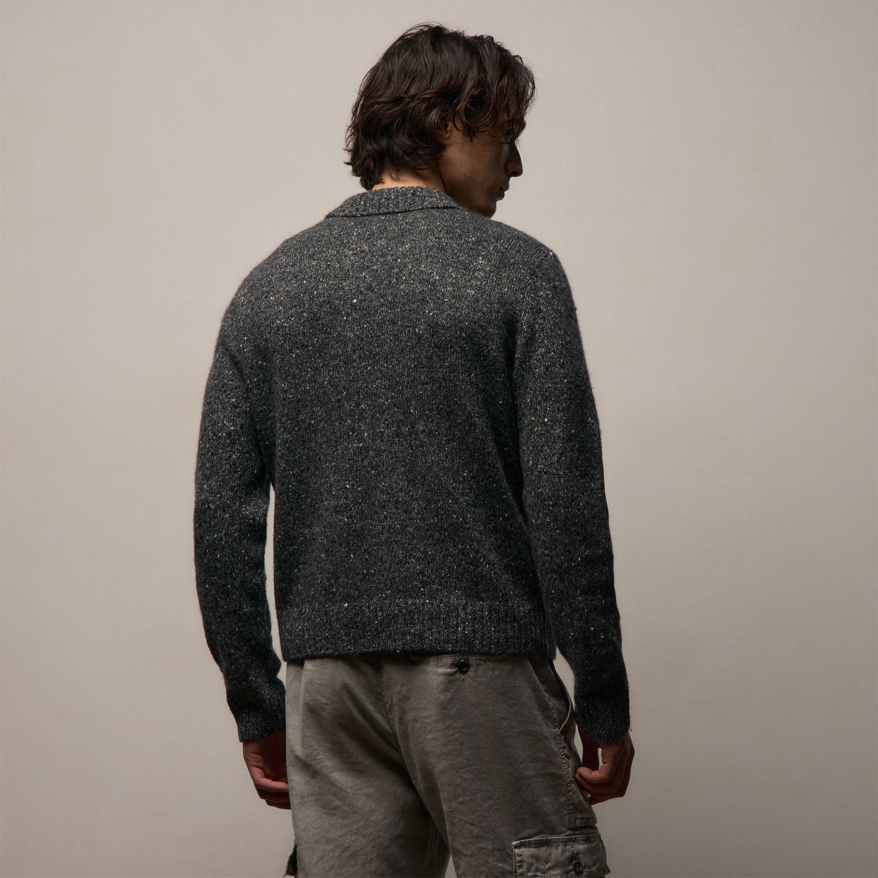 Marled Cashmere Linen Long Sleeve Open Polo - Charcoal