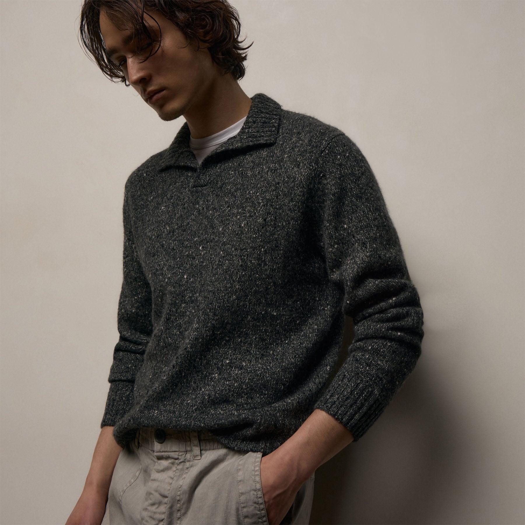 Marled Cashmere Linen Long Sleeve Open Polo - Charcoal