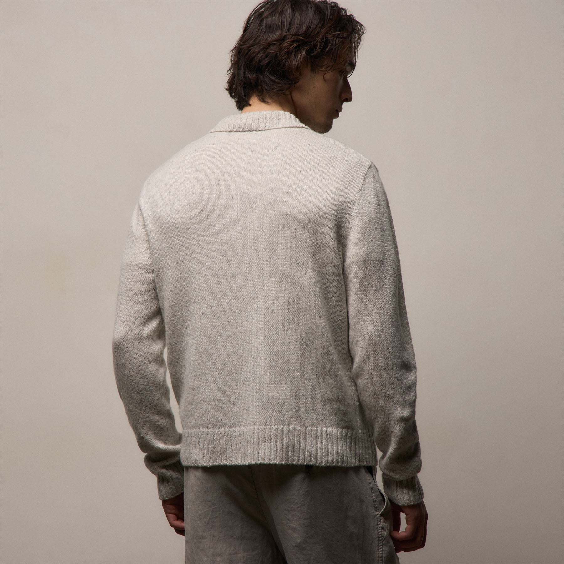 Marled Cashmere Linen Long Sleeve Open Polo - Pearl
