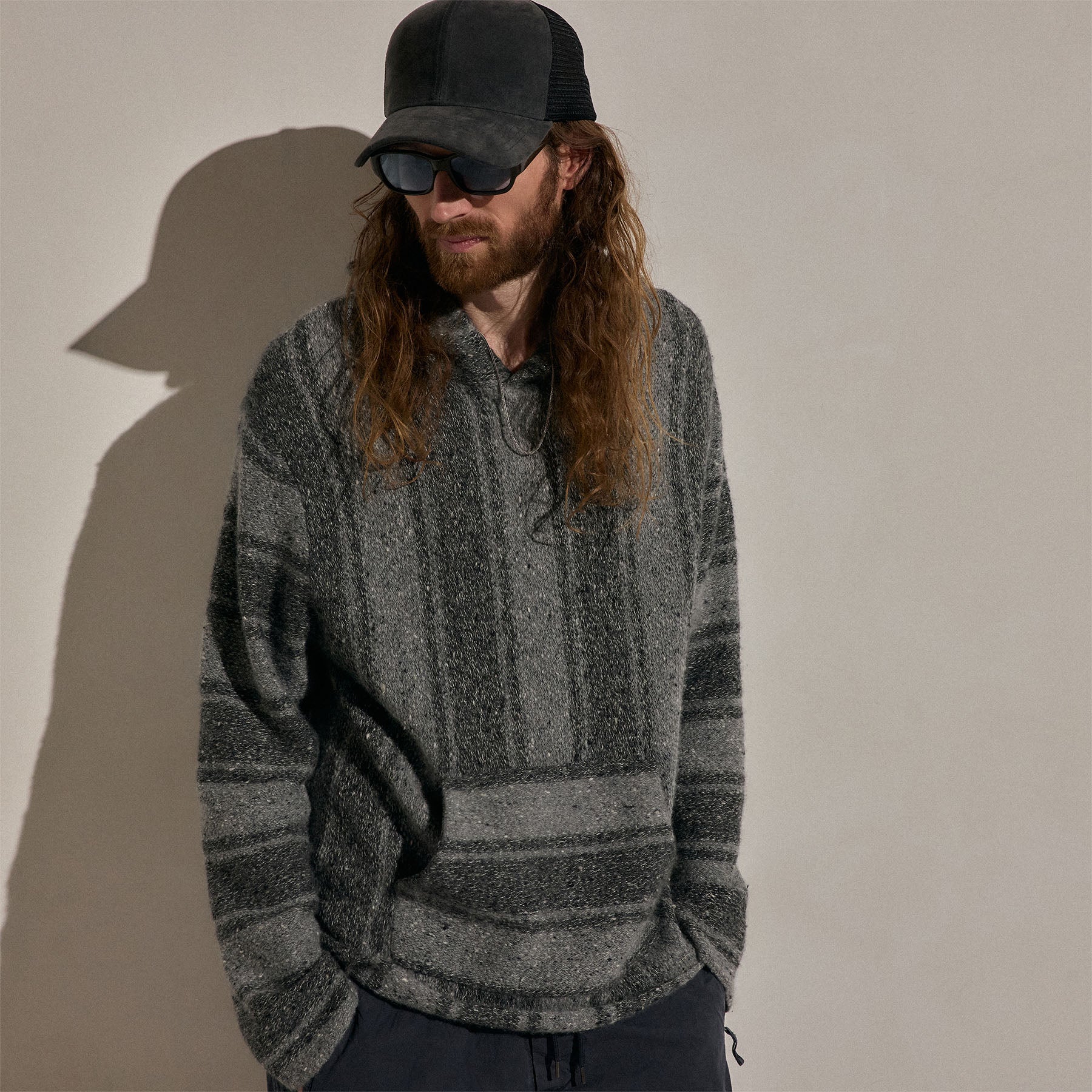 Baja Stripe Cashmere Hoodie - Charcoal/Heather Grey