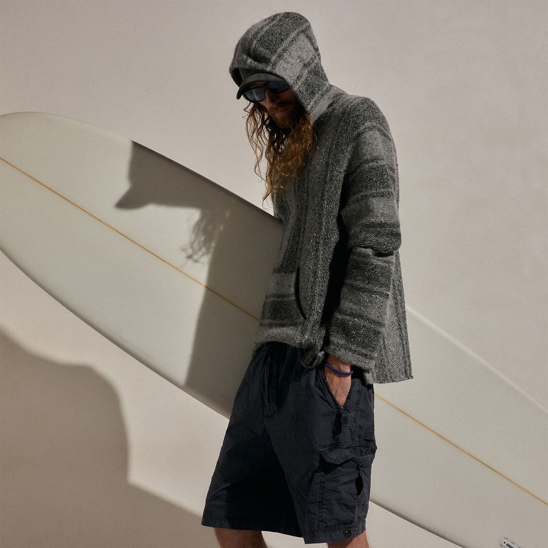 Baja Stripe Cashmere Hoodie - Charcoal/Heather Grey