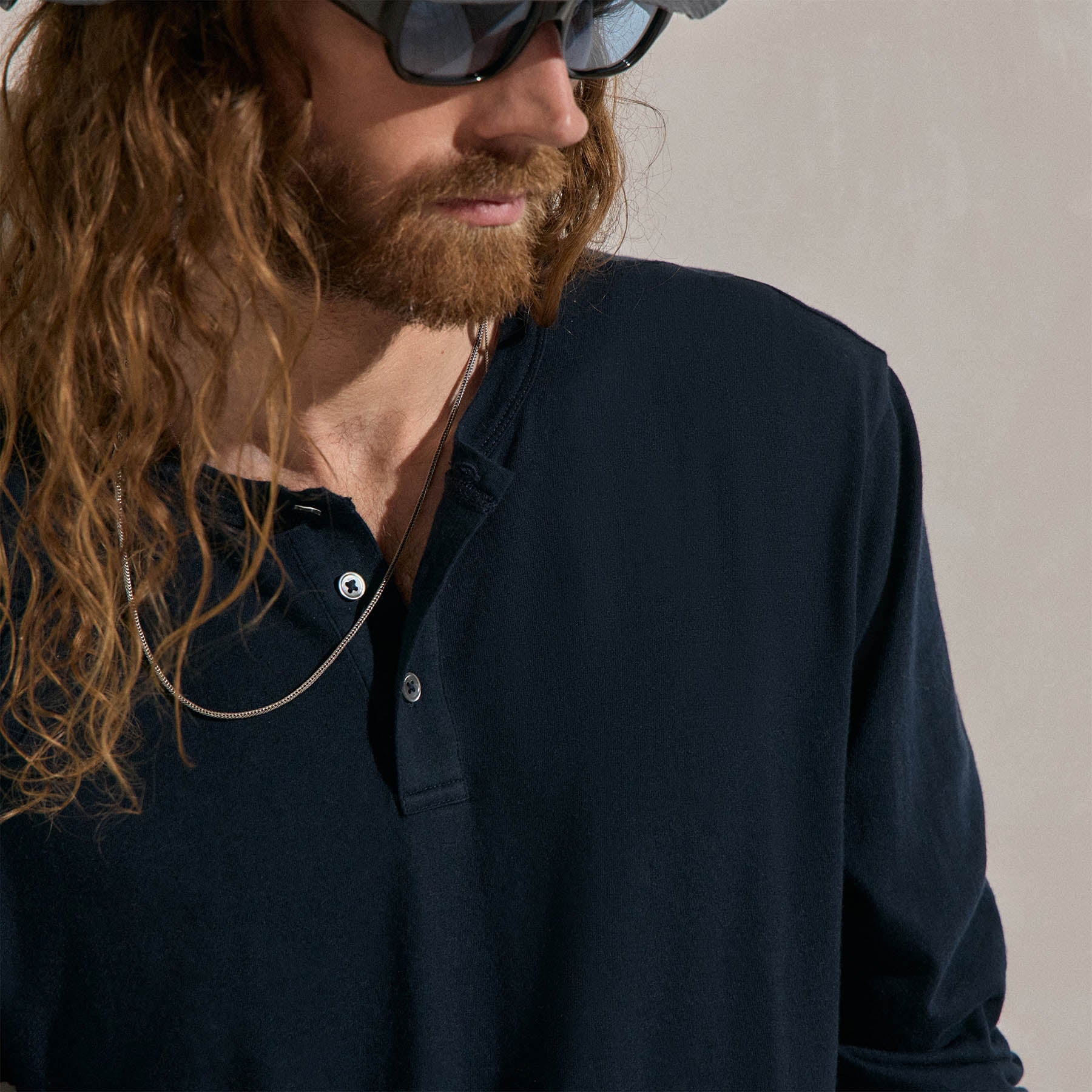 Cotton Cashmere Long Sleeve Henley - Blue Noir