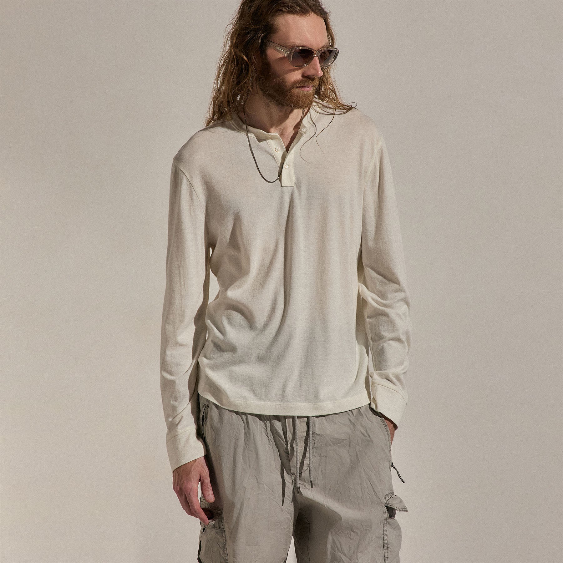 Cotton Cashmere Long Sleeve Henley - White