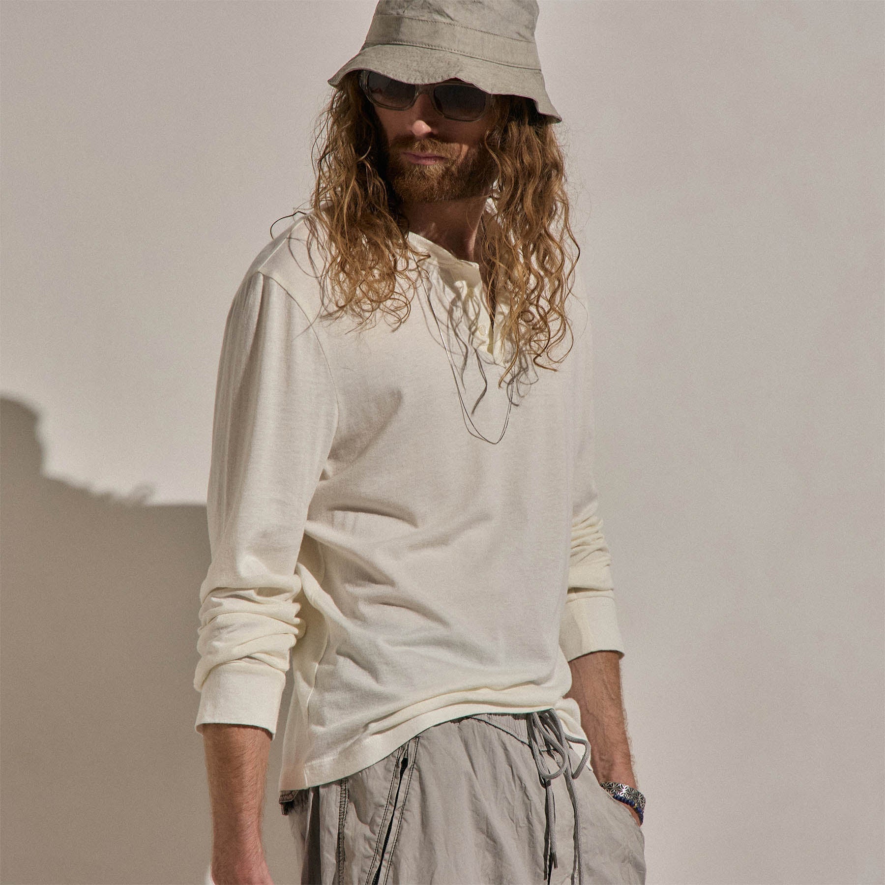 Cotton Cashmere Long Sleeve Henley - White