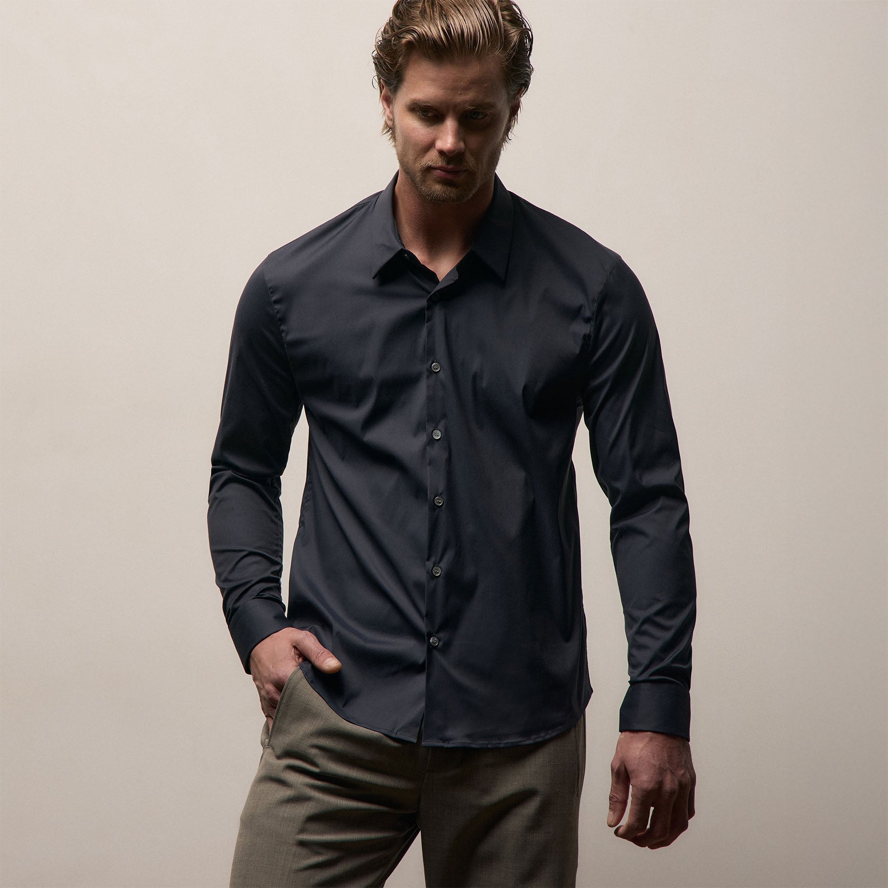 Matte Stretch Poplin Dress Shirt - Navy