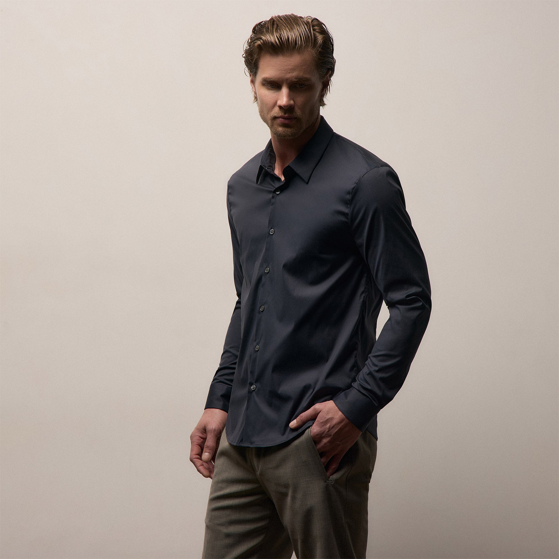 Matte Stretch Poplin Dress Shirt - Navy