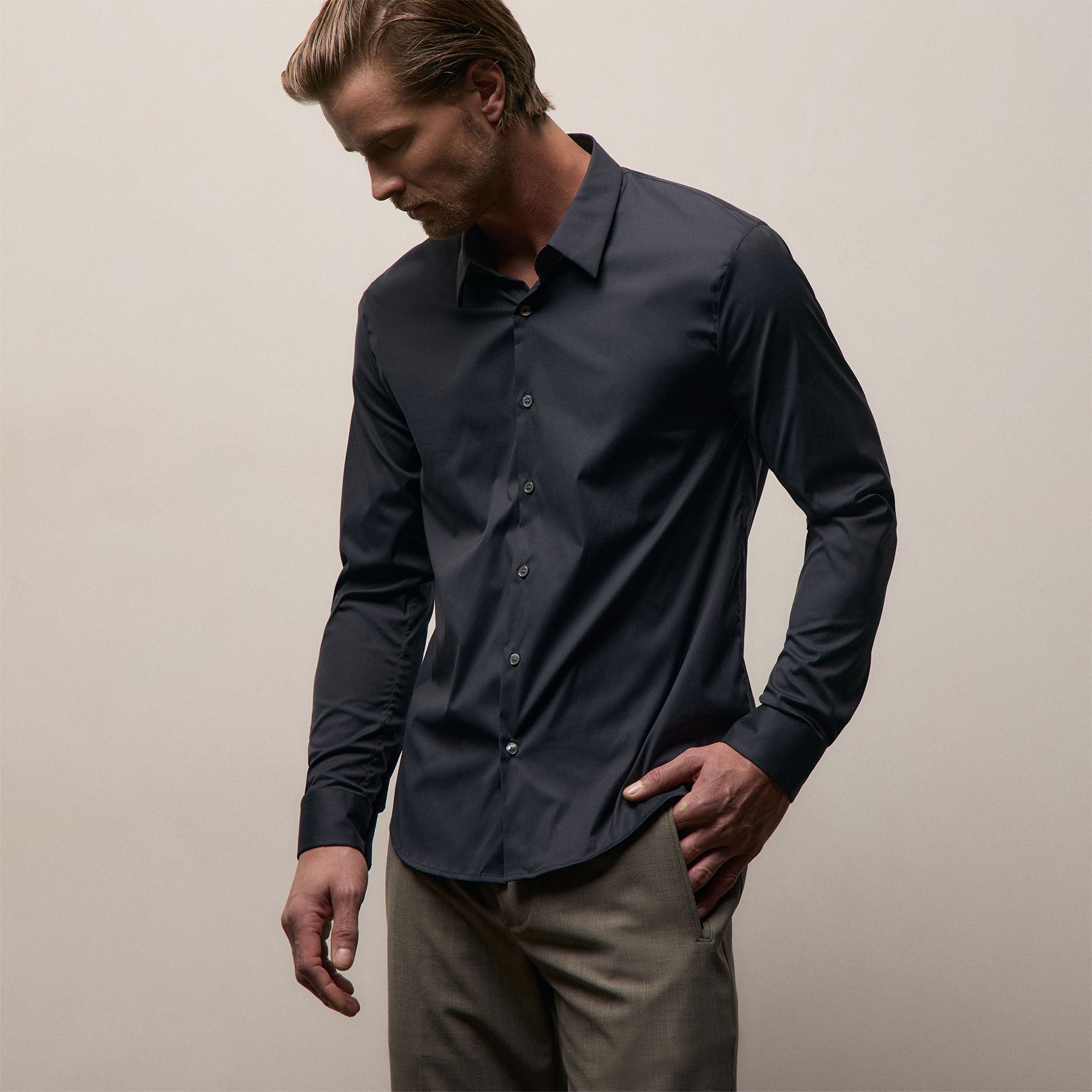 Matte Stretch Poplin Dress Shirt - Navy