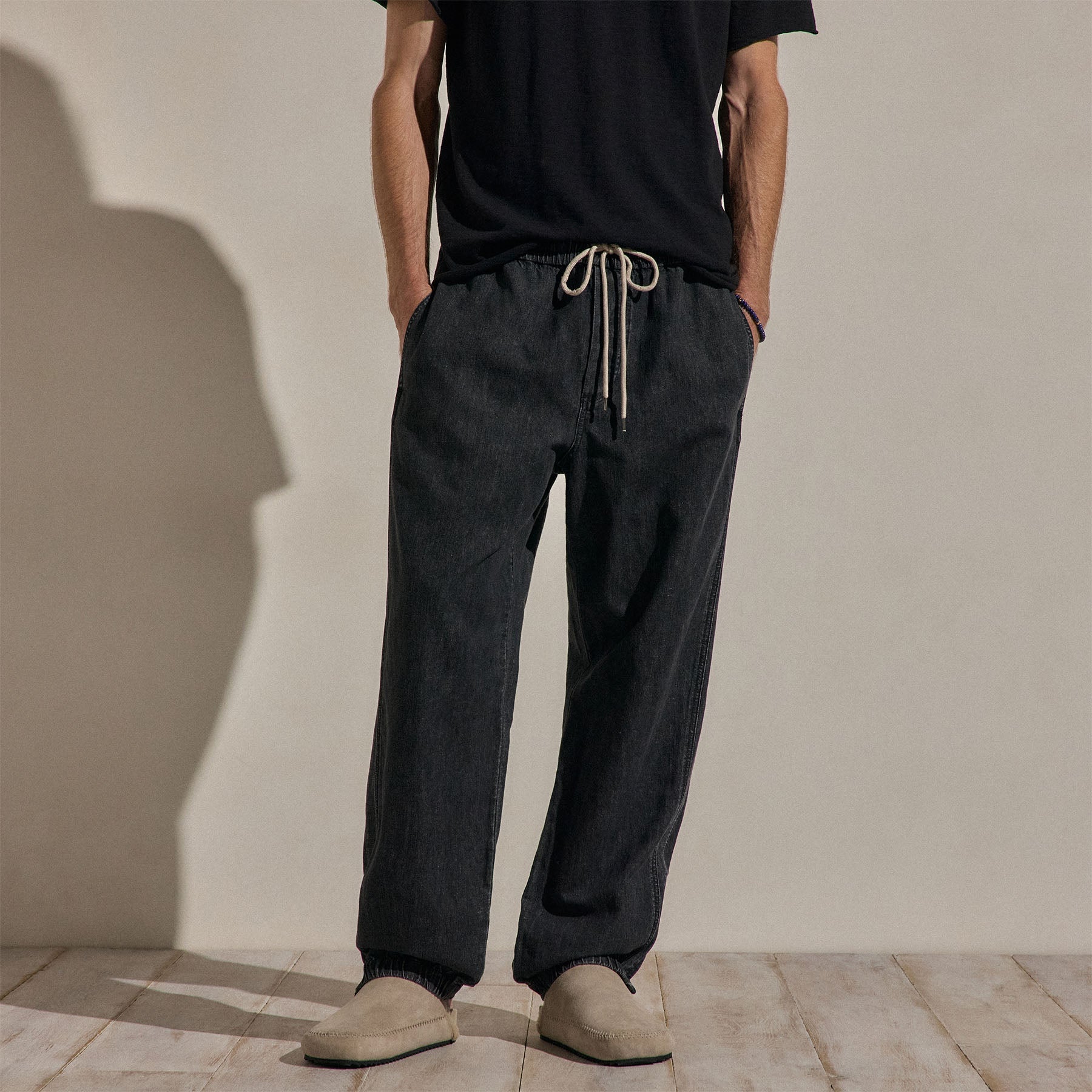 Linen Denim Drawstring Jogger - Black Wash