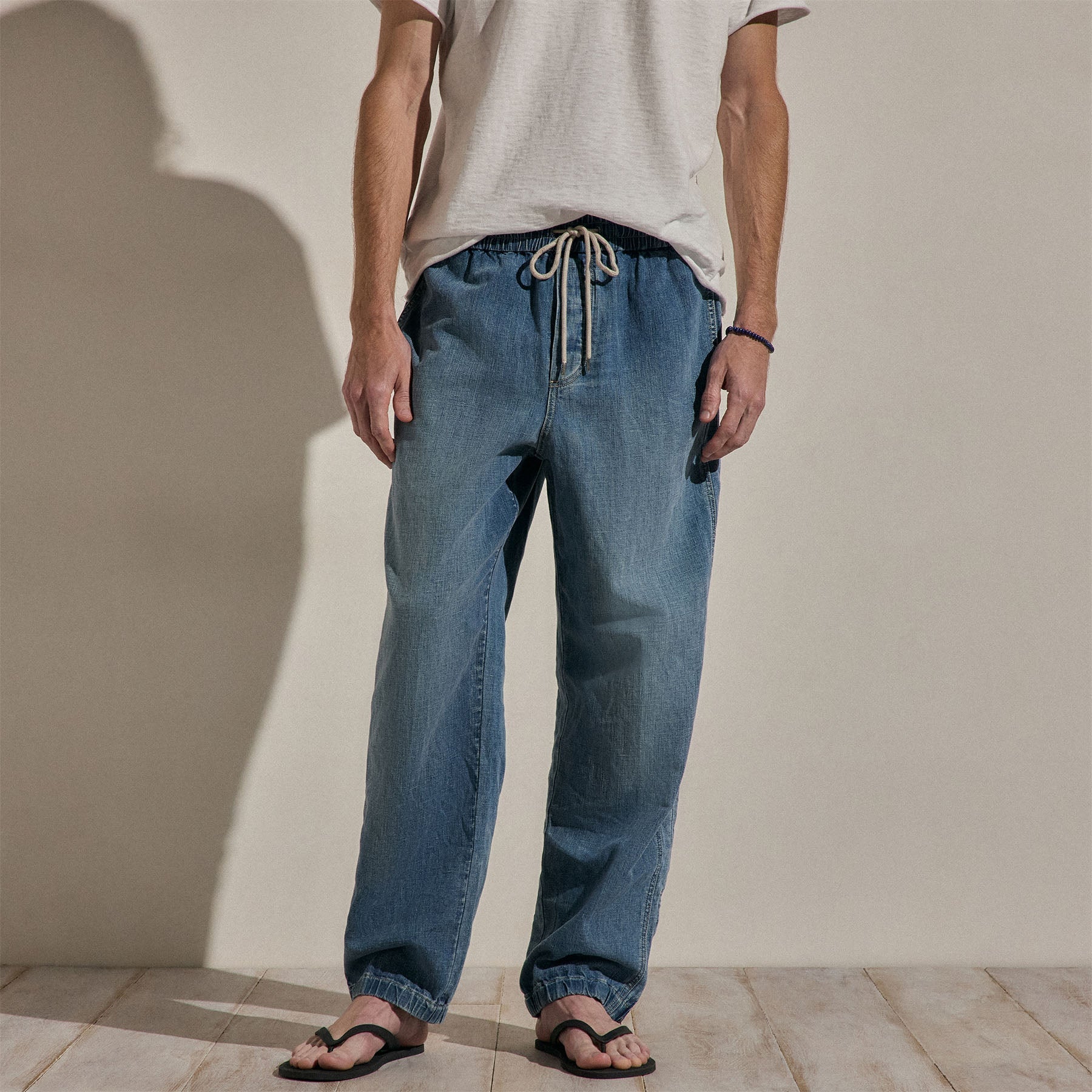 Linen Denim Drawstring Jogger - Medium Wash