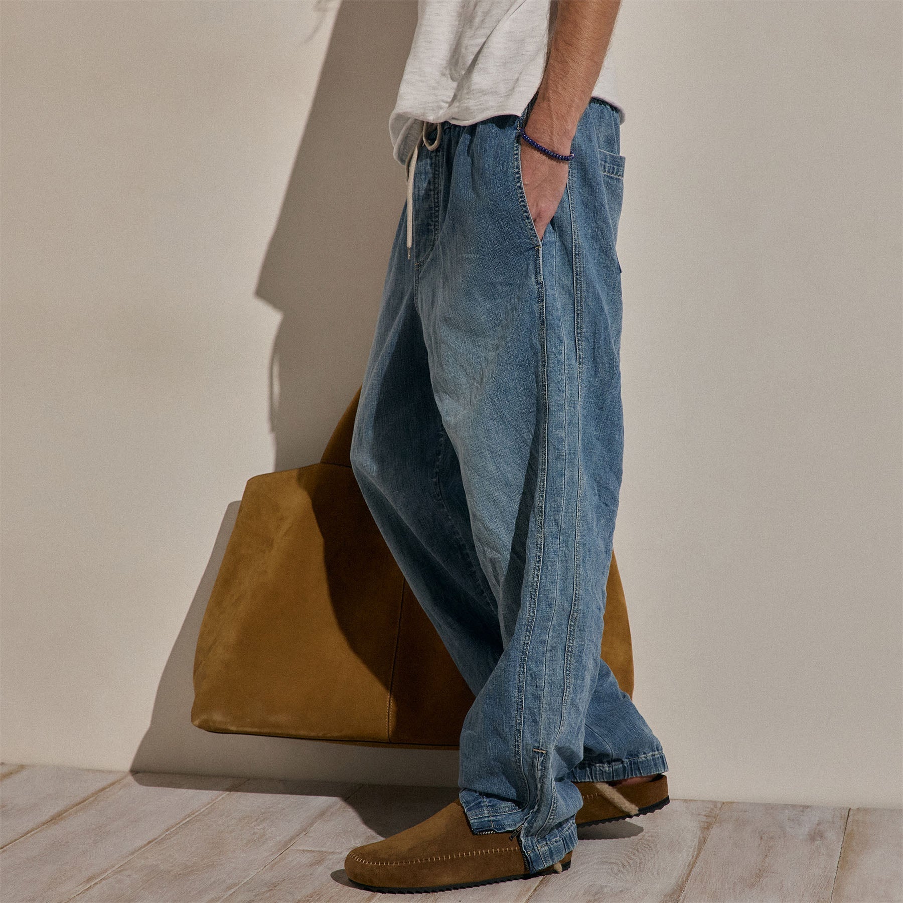Linen Denim Drawstring Jogger - Medium Wash