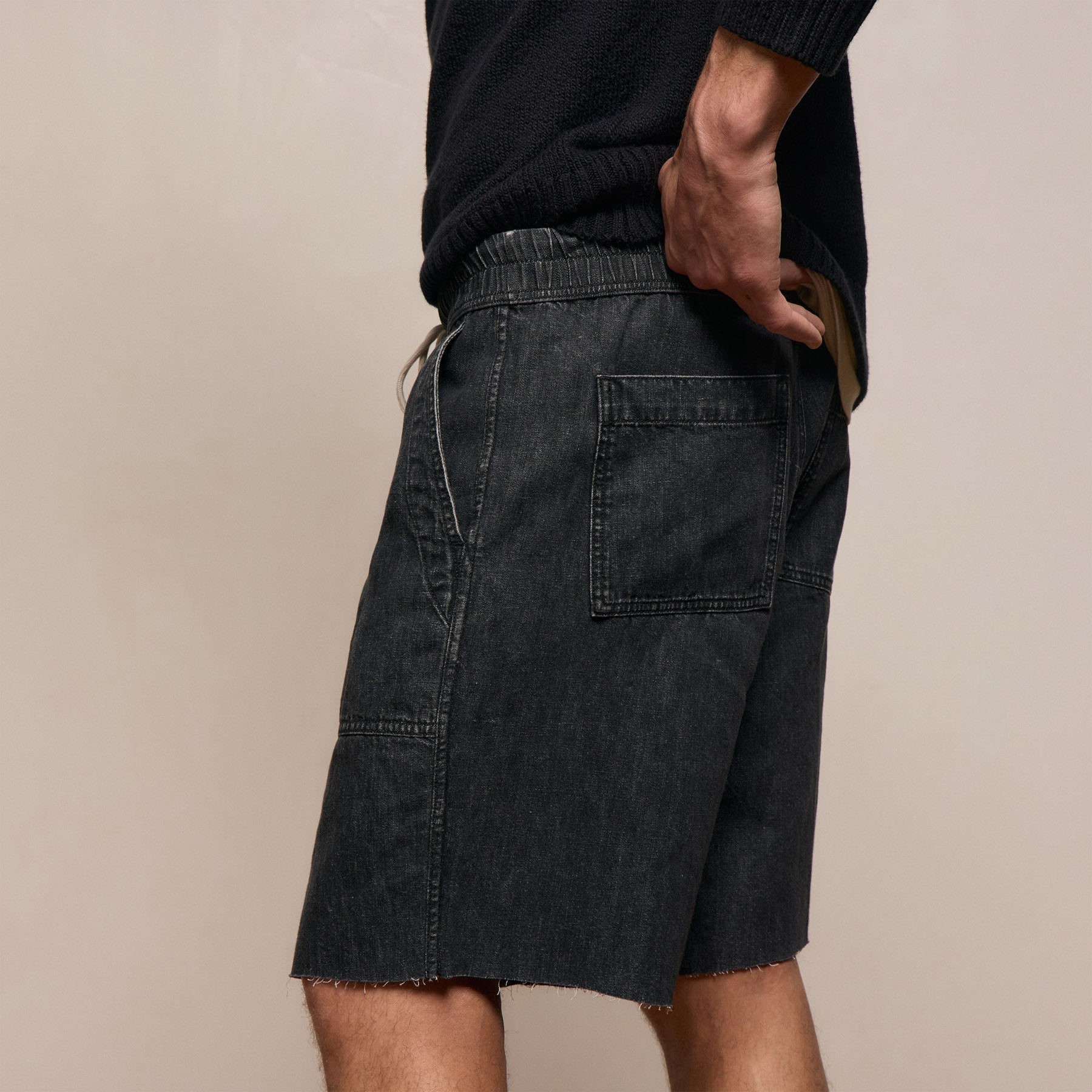 Linen Denim Drawstring Short - Black Wash