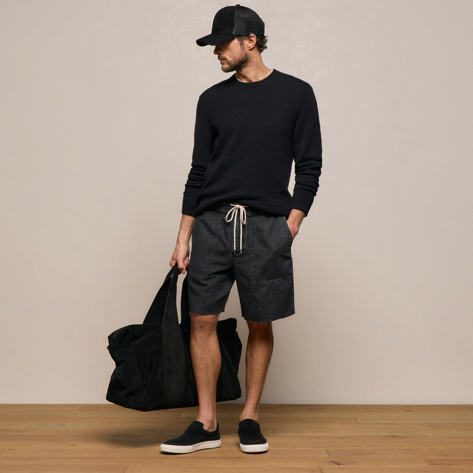 Linen Denim Drawstring Short - Black Wash