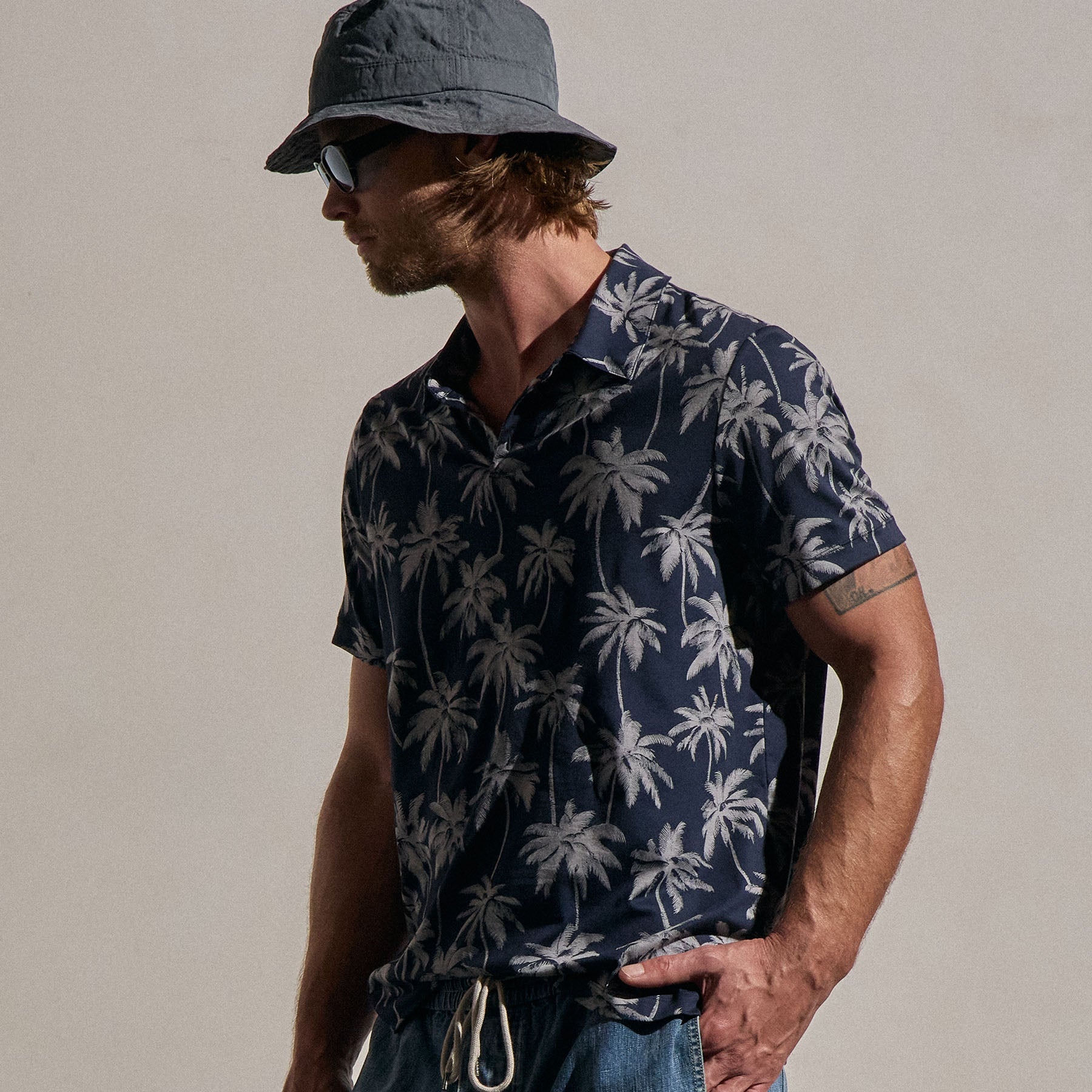 Palm Print Performance Pique Polo - Navy Print