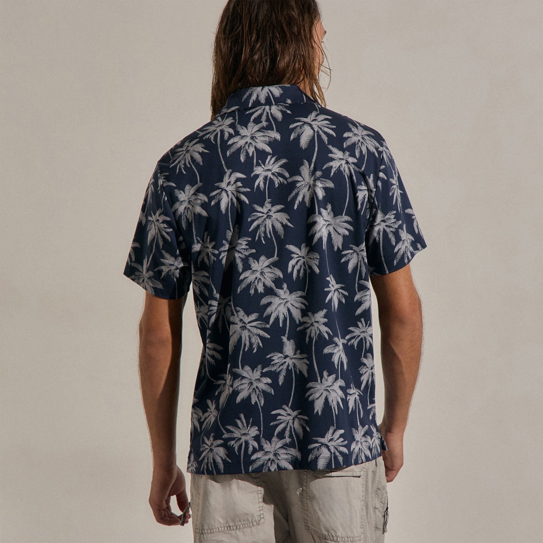 Palm Print Performance Pique Polo - Navy Print