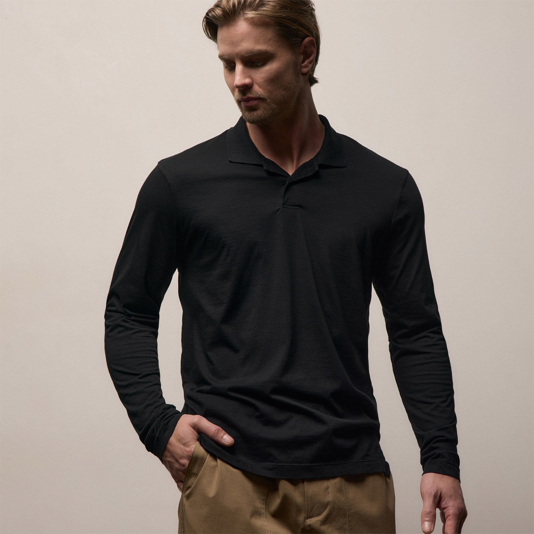 Luxe Lotus Jersey Long Sleeve Polo - Black
