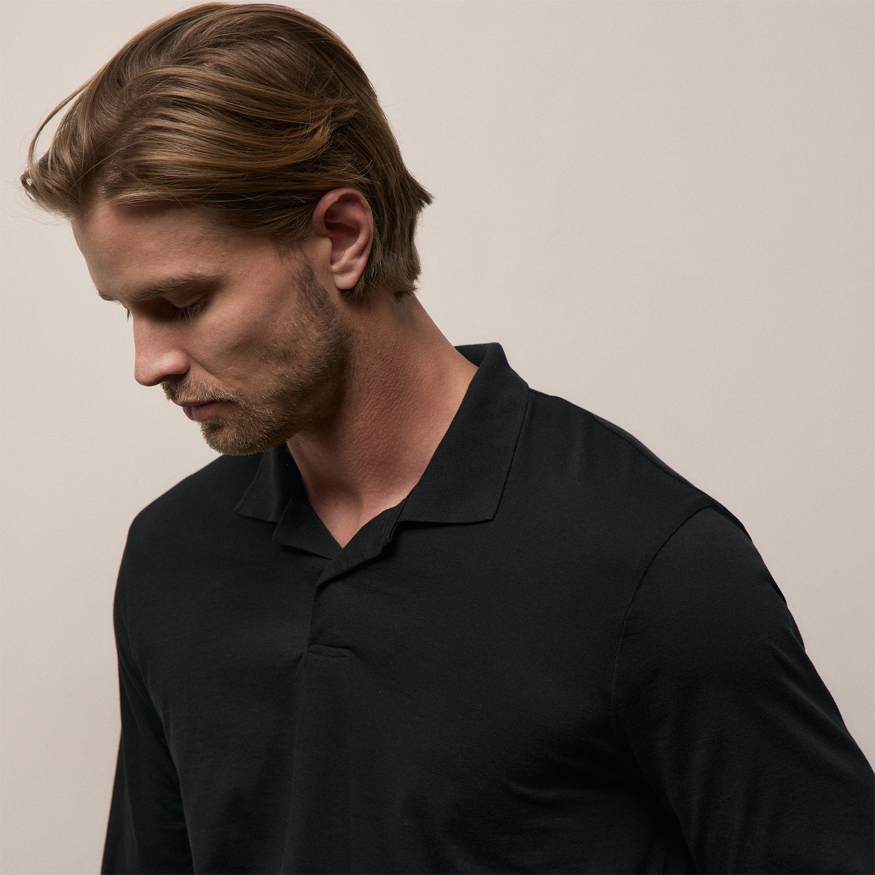 Luxe Lotus Jersey Long Sleeve Polo - Black