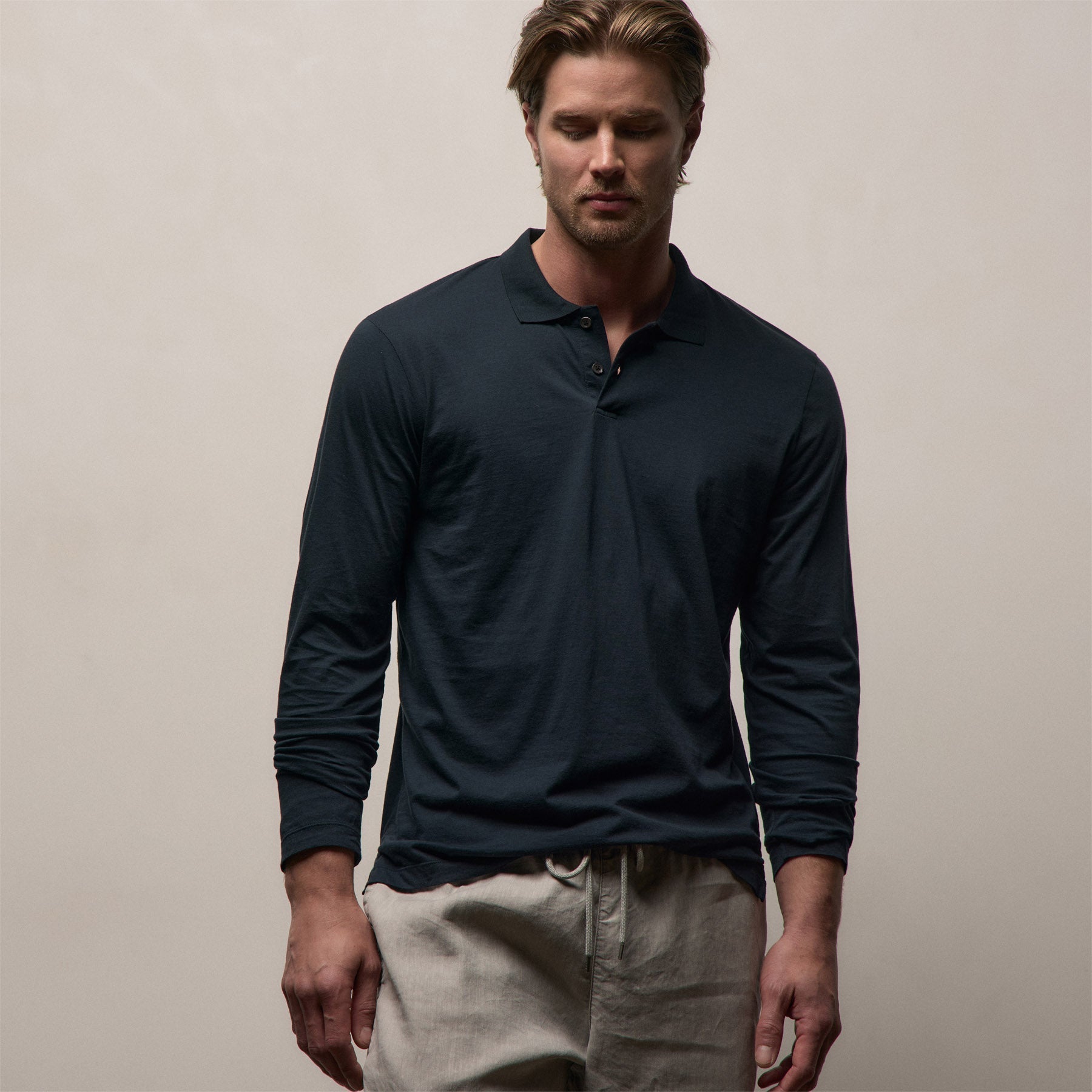 Luxe Lotus Jersey Long Sleeve Polo - French Navy