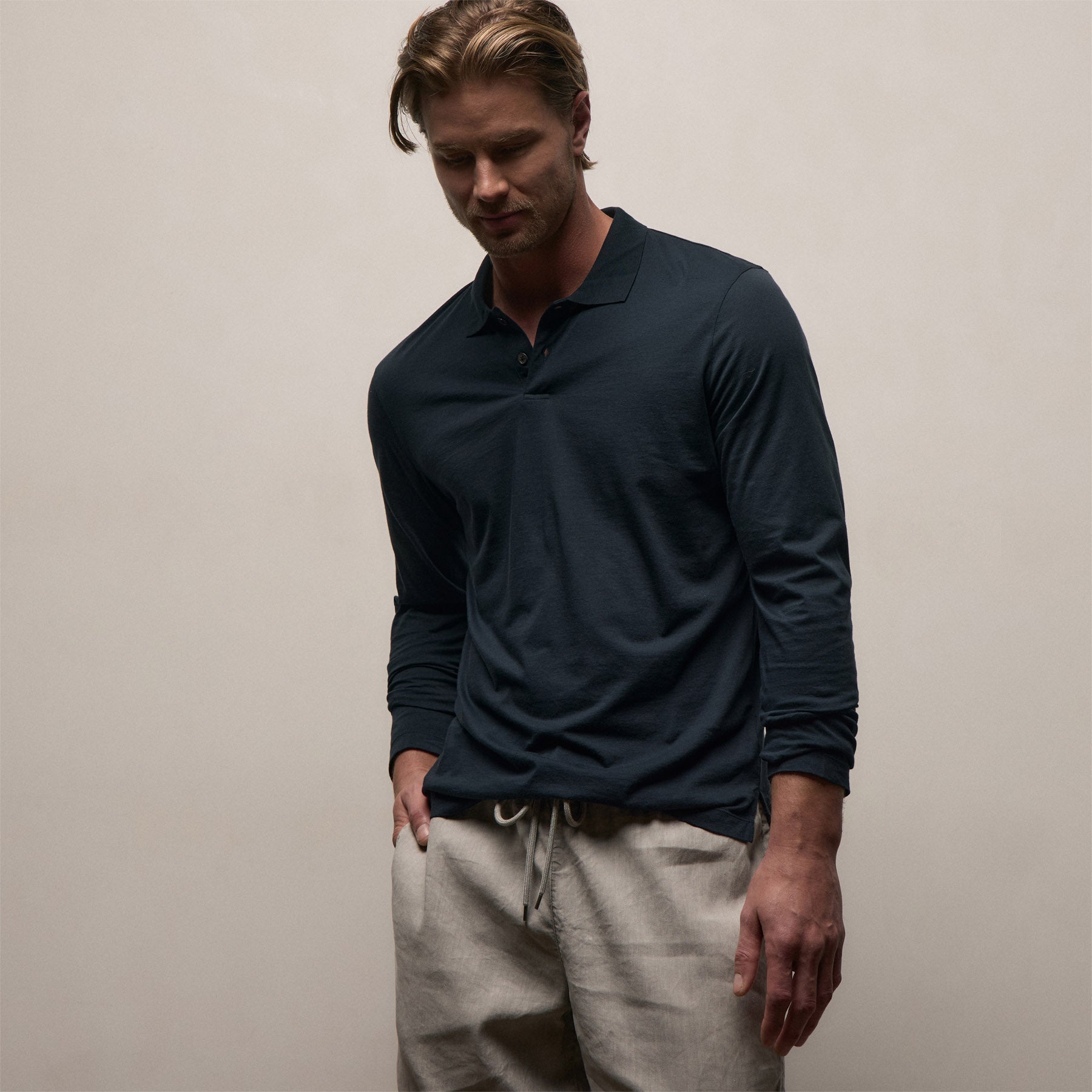 Luxe Lotus Jersey Long Sleeve Polo - French Navy