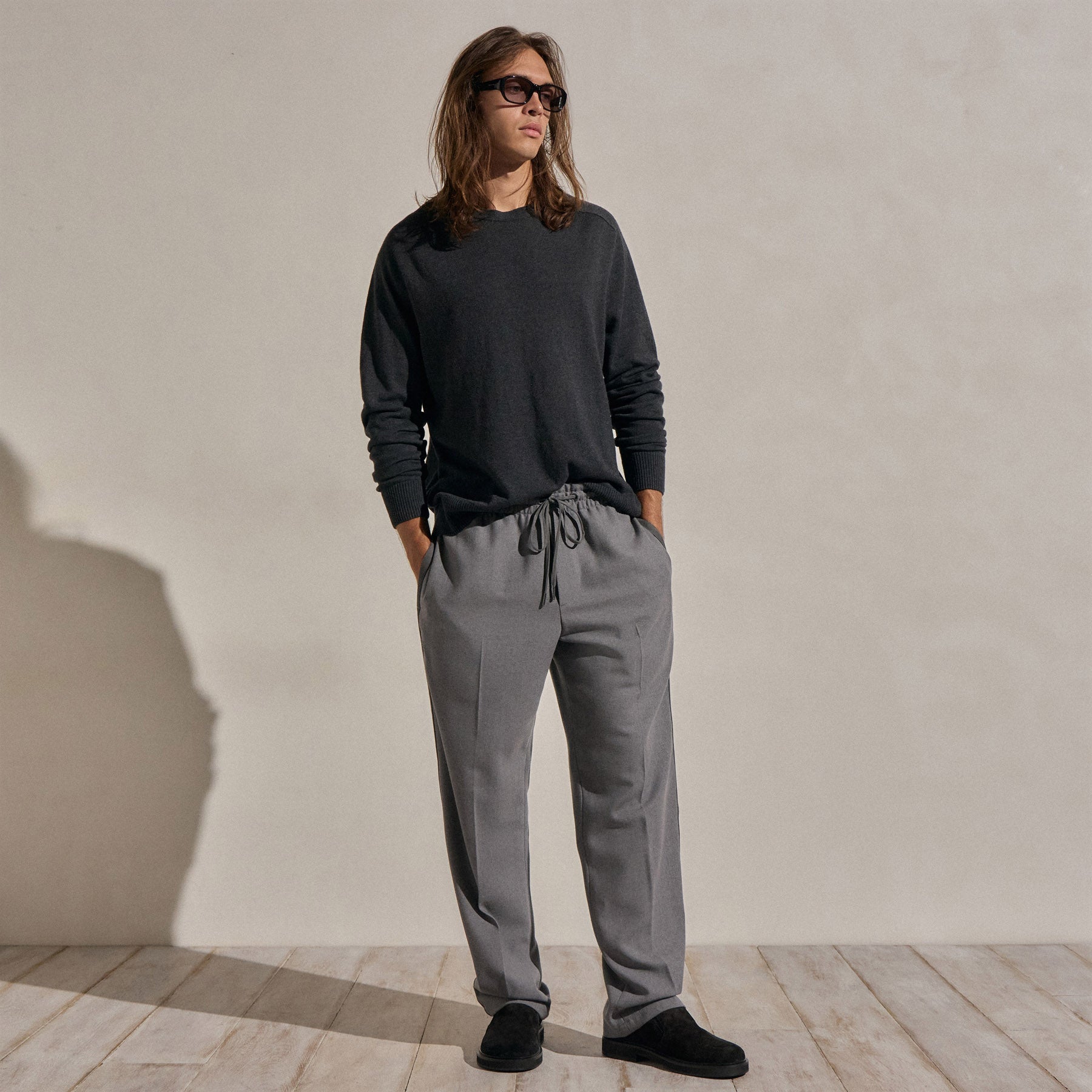 Suede Trim Wool Drawstring Trouser - Heather Grey
