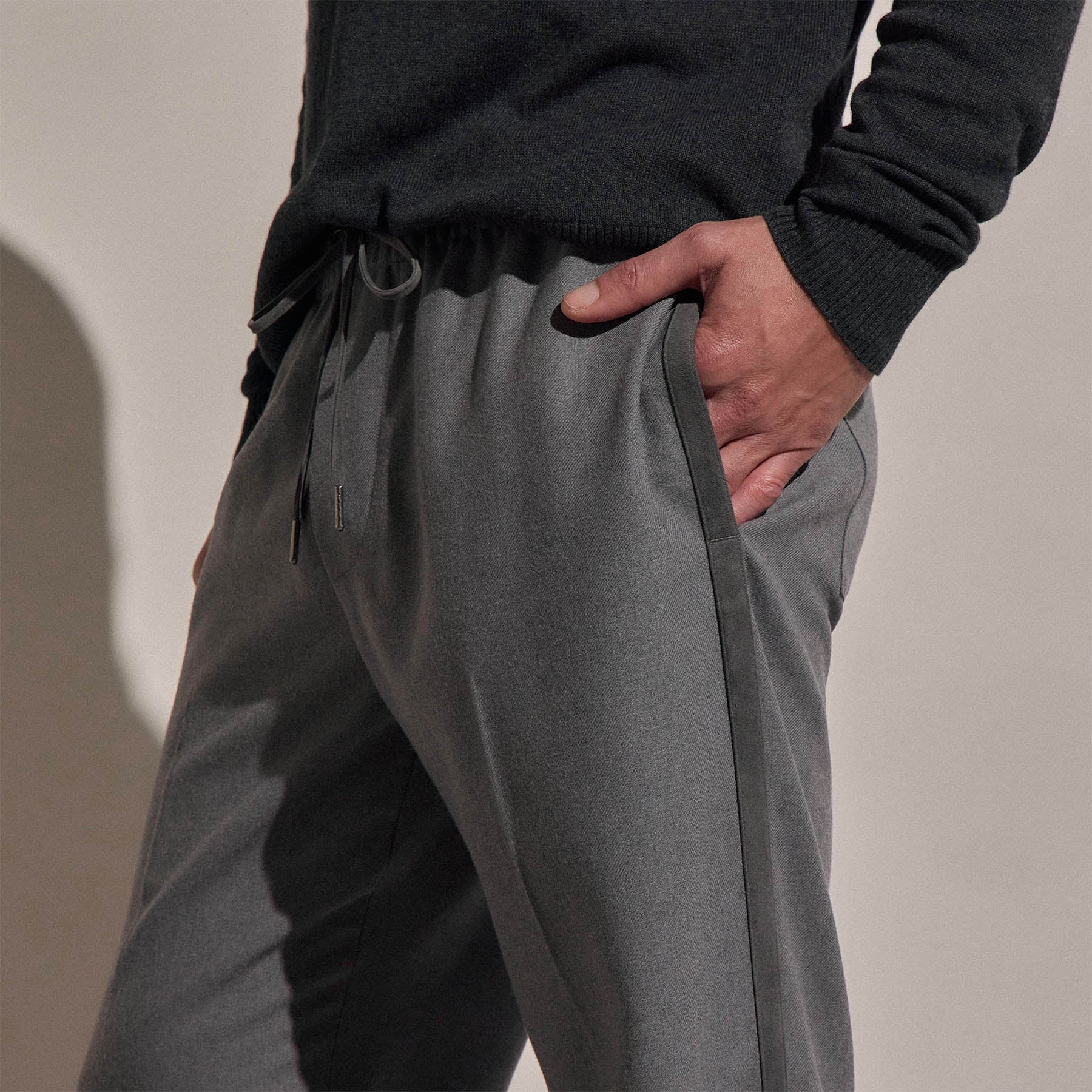 Suede Trim Wool Drawstring Trouser - Heather Grey