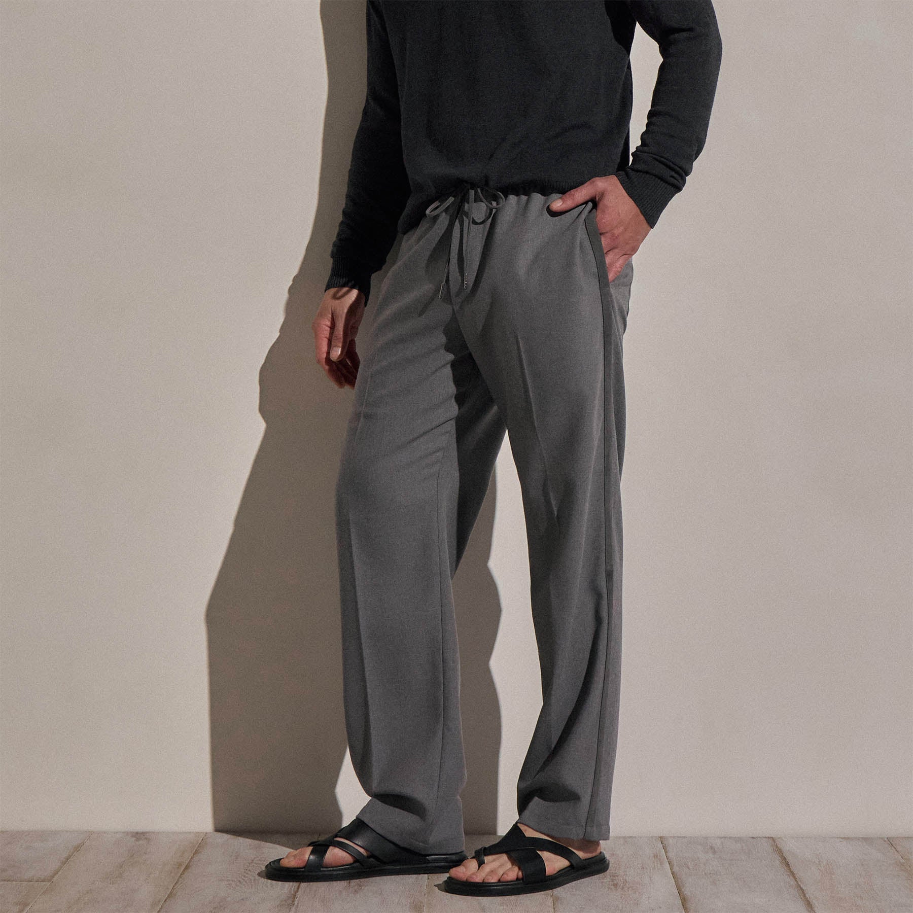 Suede Trim Wool Drawstring Trouser - Heather Grey