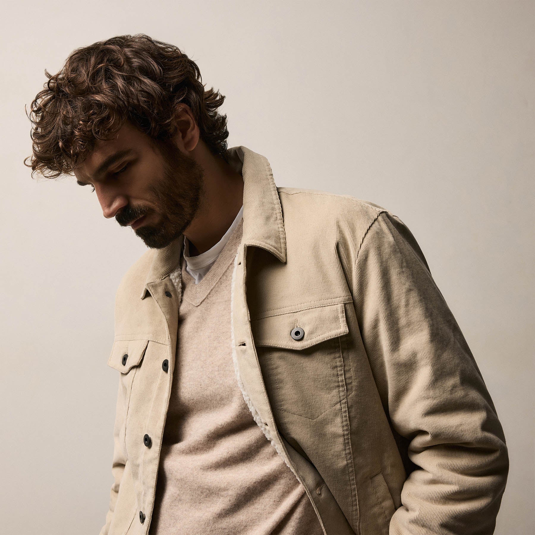 Lined Corduroy Trucker Jacket - Stone
