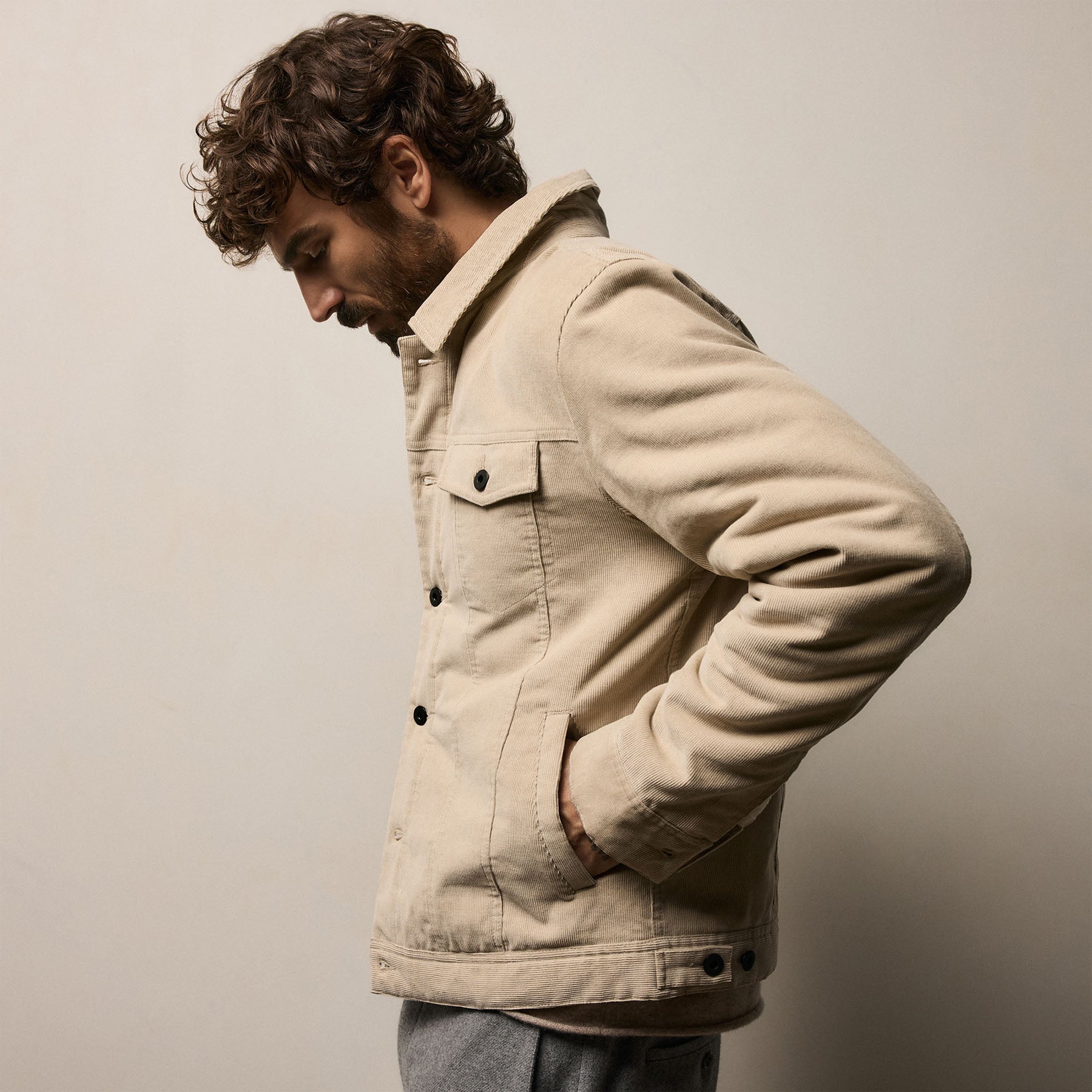Lined Corduroy Trucker Jacket - Stone