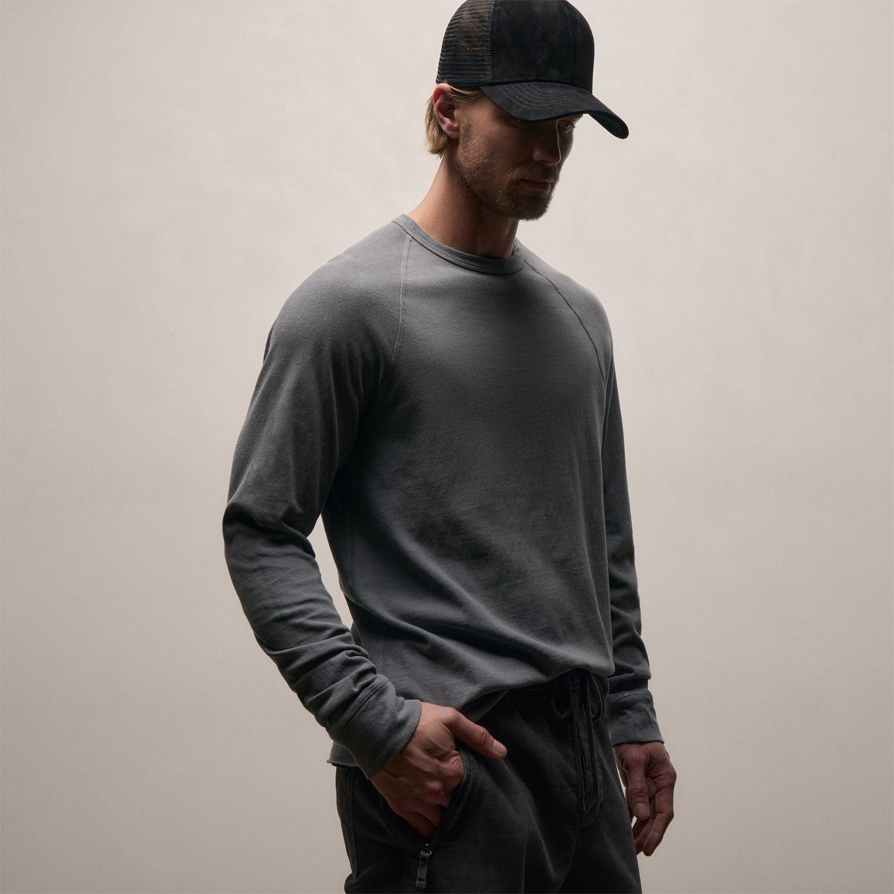 Slub Jersey Long Sleeve Raglan Crew - Cavalry Pigment
