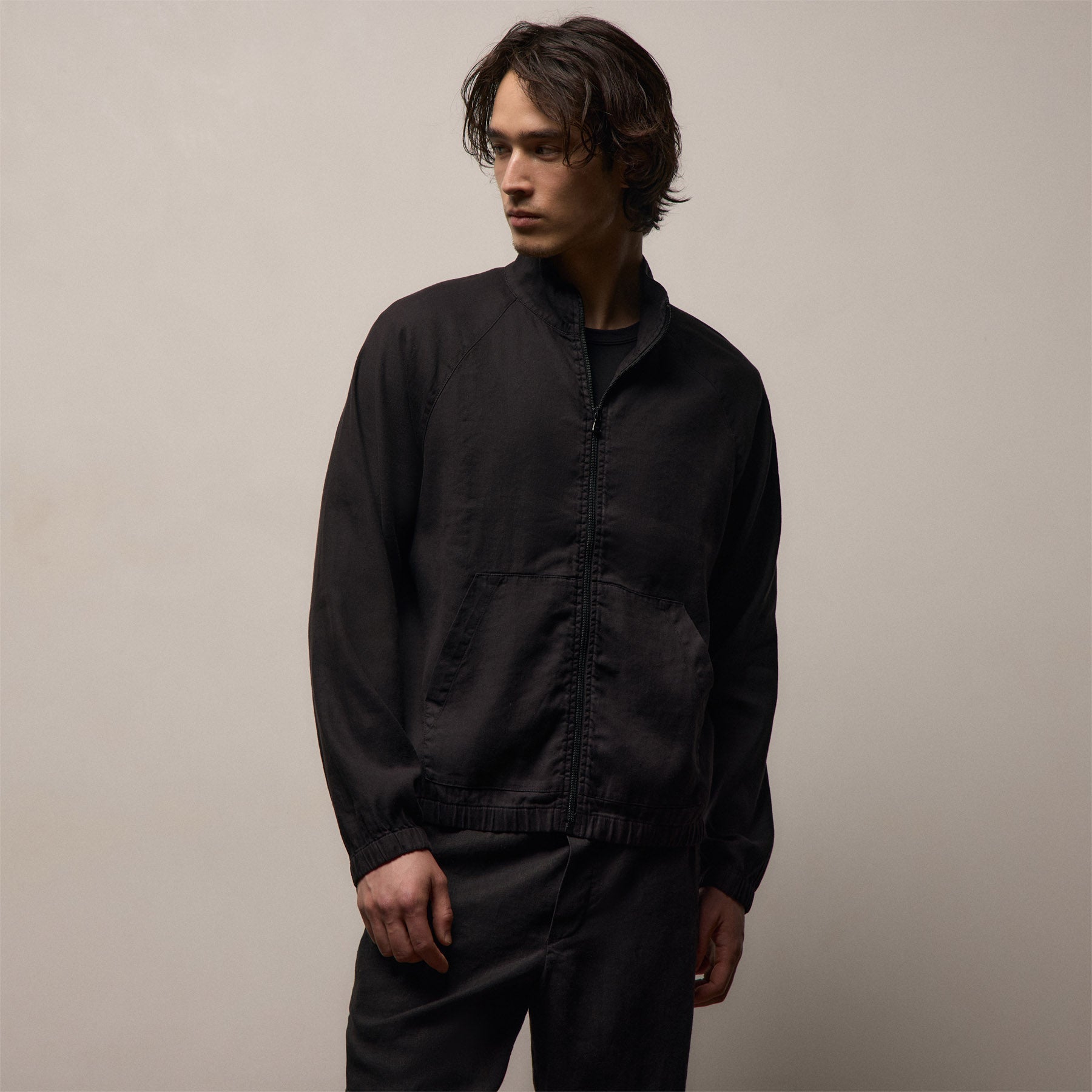 Stretch Linen Track Jacket - Black