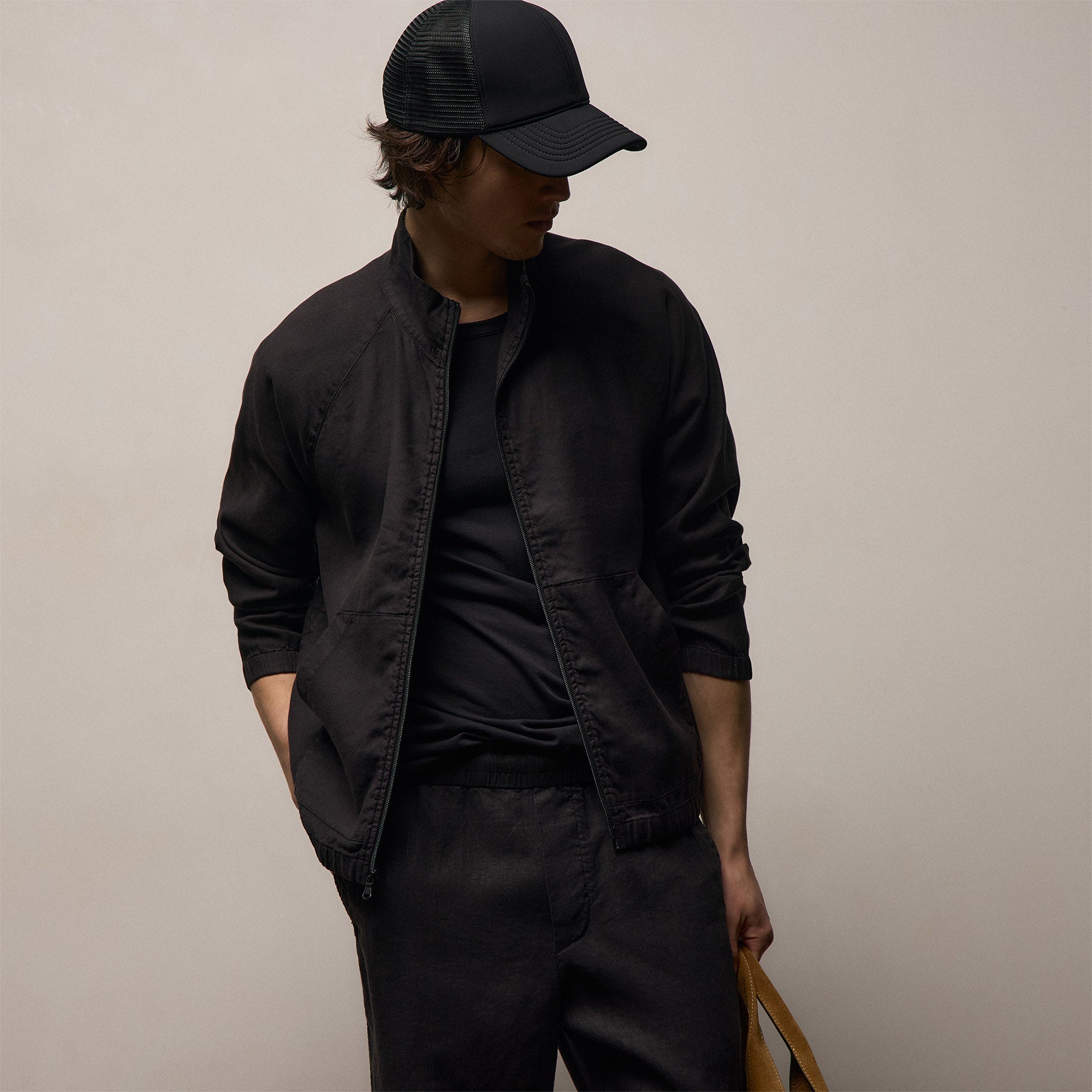 Stretch Linen Track Jacket - Black