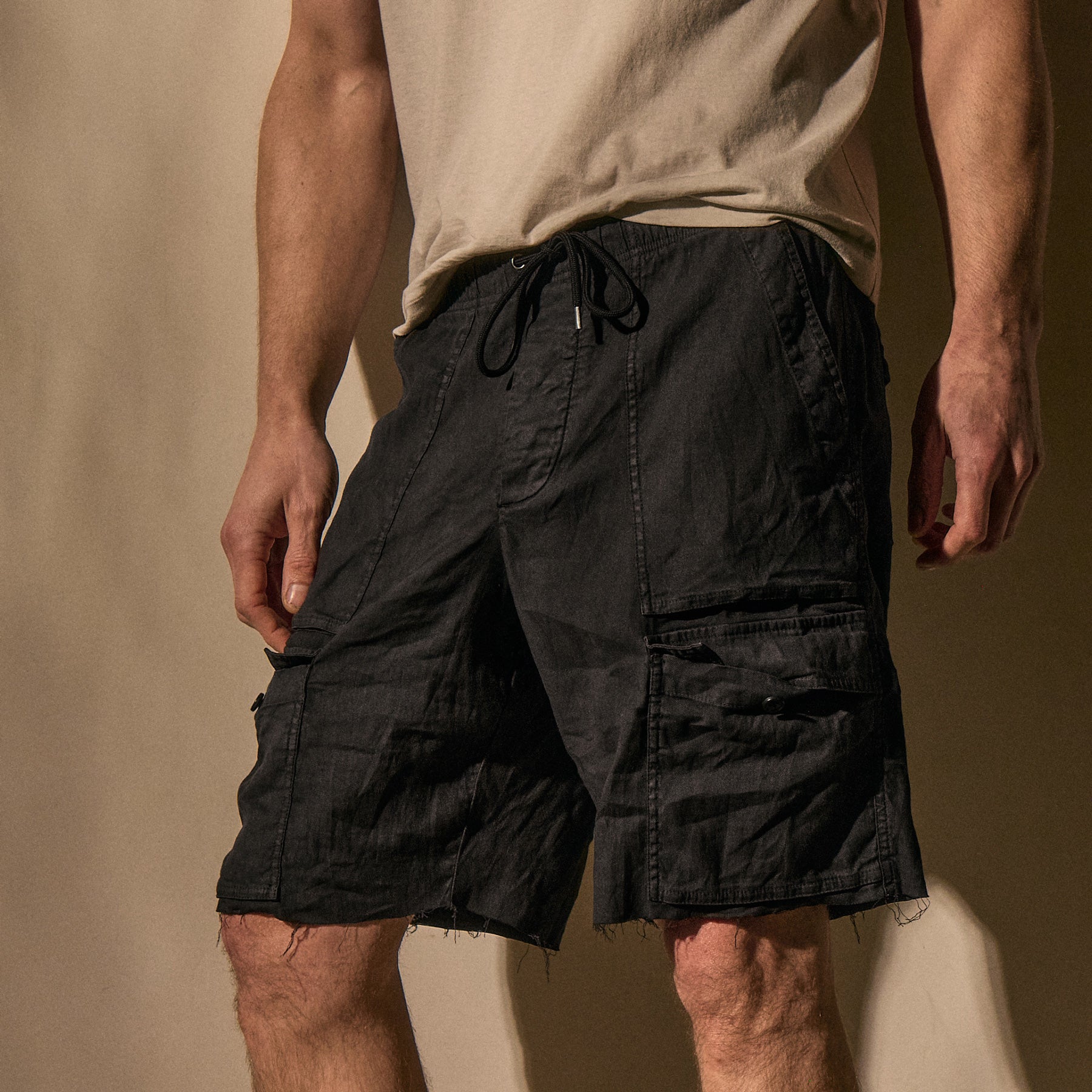 Linen Blend Utility Short - Black