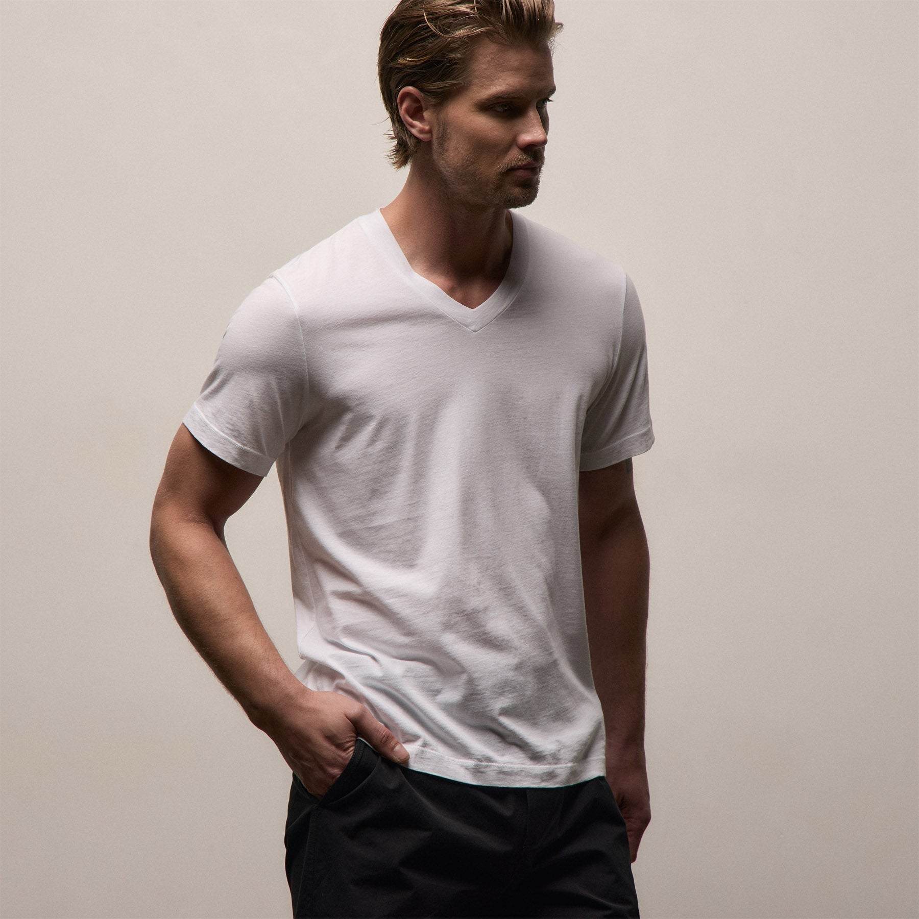 Short Sleeve V Neck - White