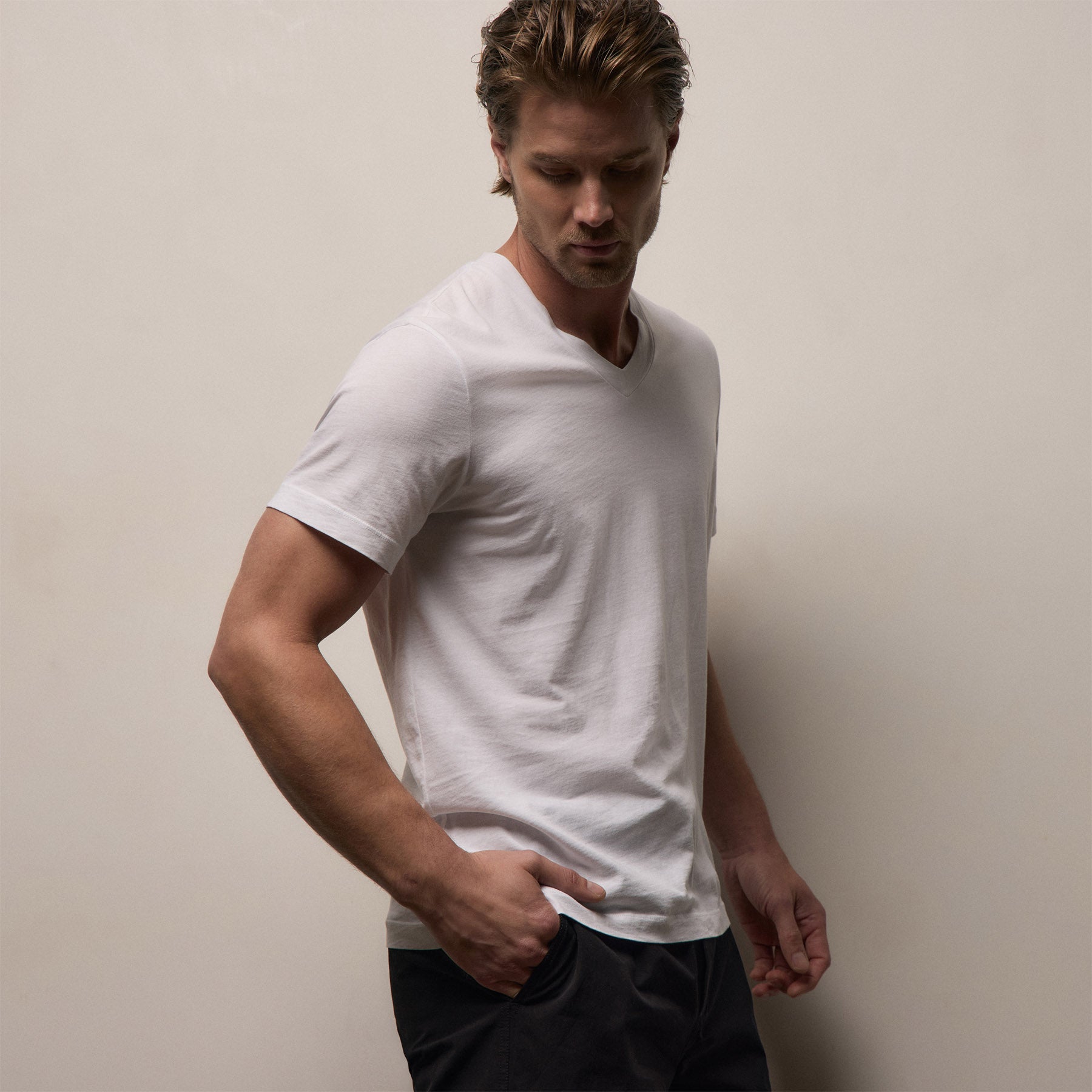 Short Sleeve V Neck - White